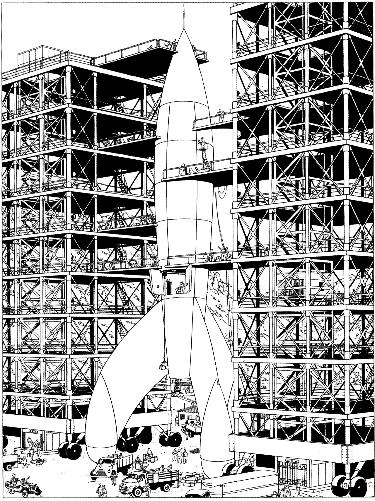 Die Rakete Destination Moon (Ausmalbild von Bücher & Comics zum Ausdrucken und Ausmalen für Erwachsene)