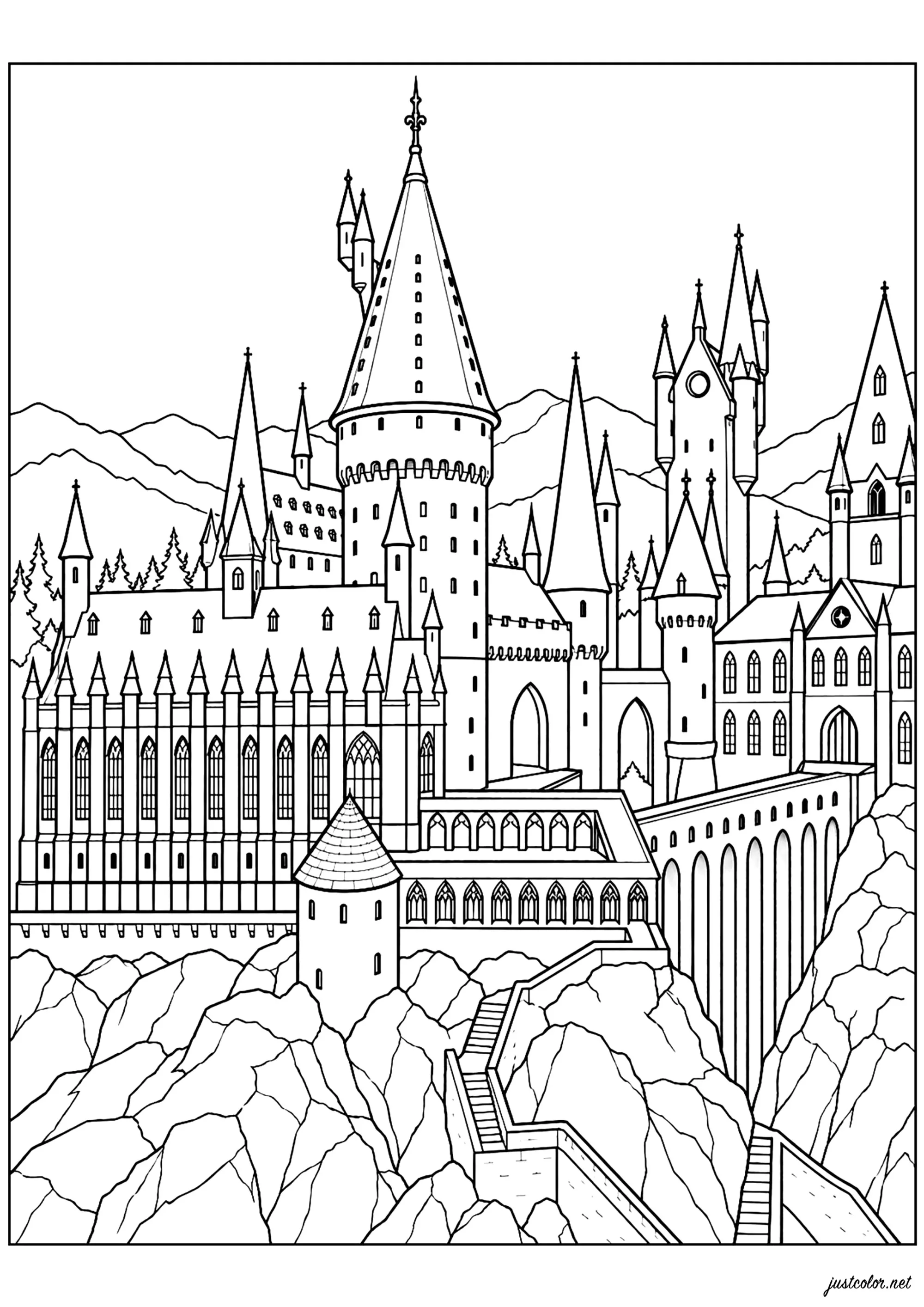 Schloss Hogwarts und seine hohen Türme (Ausmalbild von Bücher & Comics zum Ausdrucken und Ausmalen für Erwachsene)