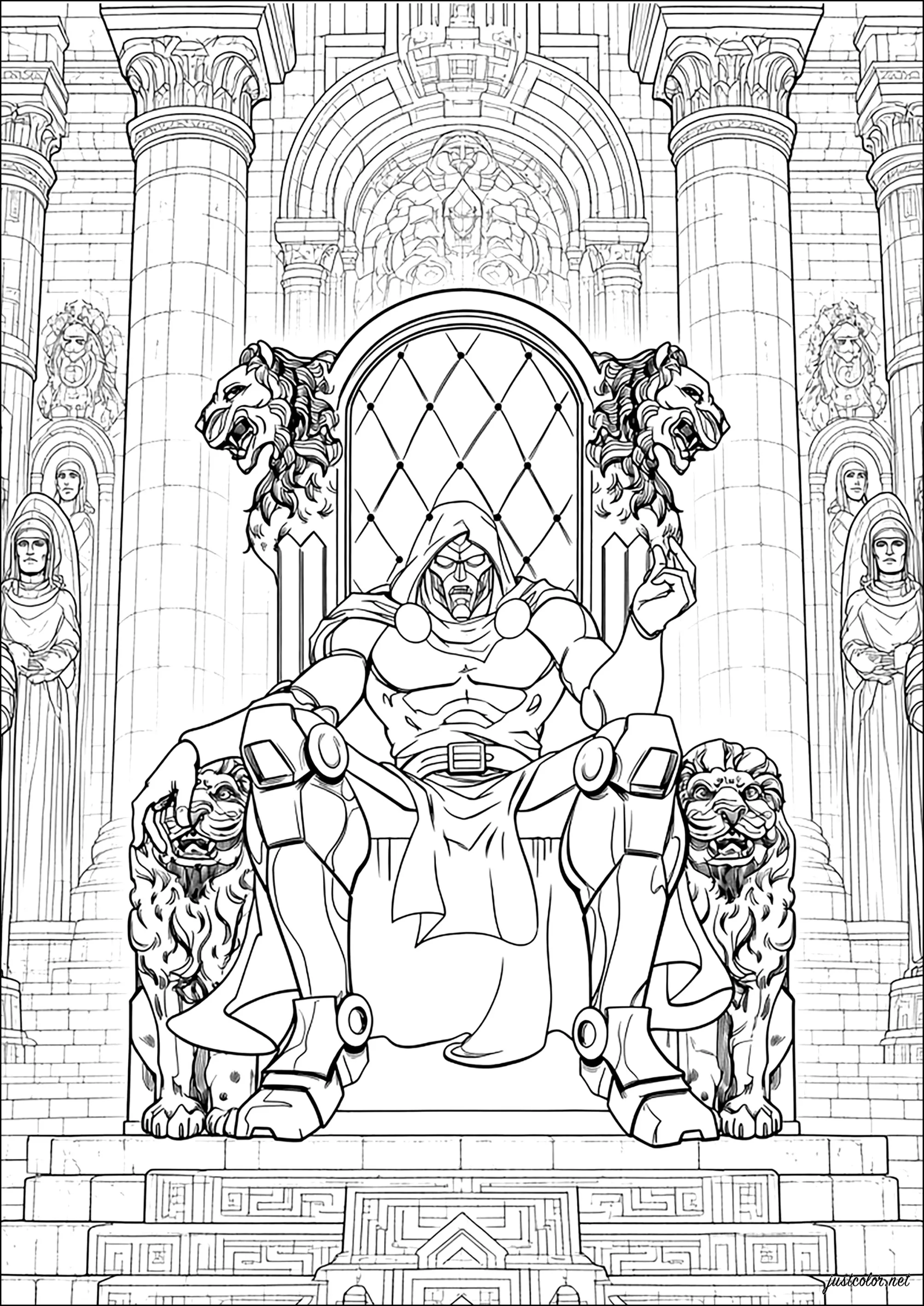Doctor Doom auf seinem Thron (Ausmalbild von Bücher & Comics zum Ausdrucken und Ausmalen für Erwachsene)
