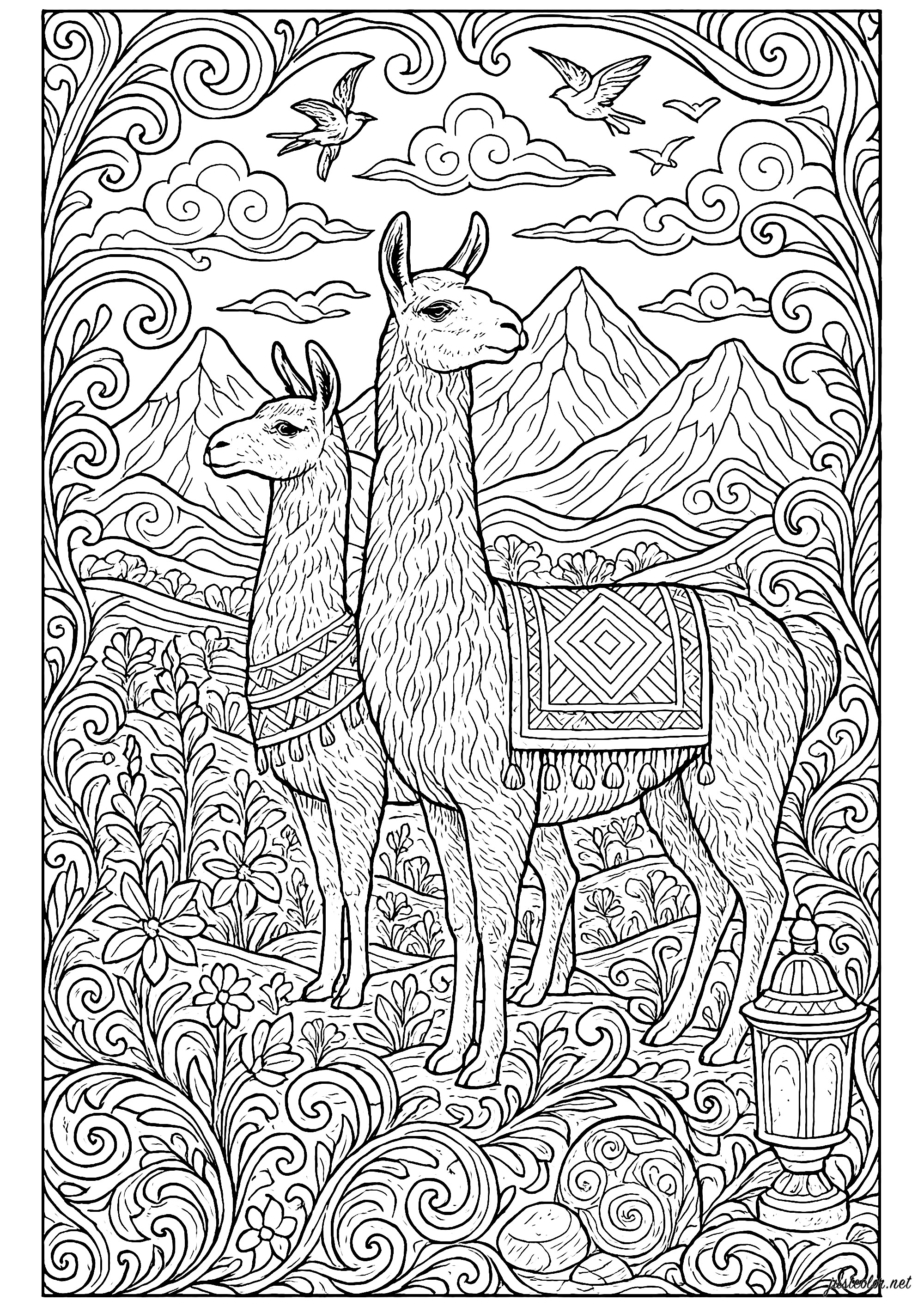 Majestätische Lamas in einer peruanischen Landschaft (Ausmalbild von Lamas und Alpakas zum Ausdrucken und Ausmalen für Erwachsene)