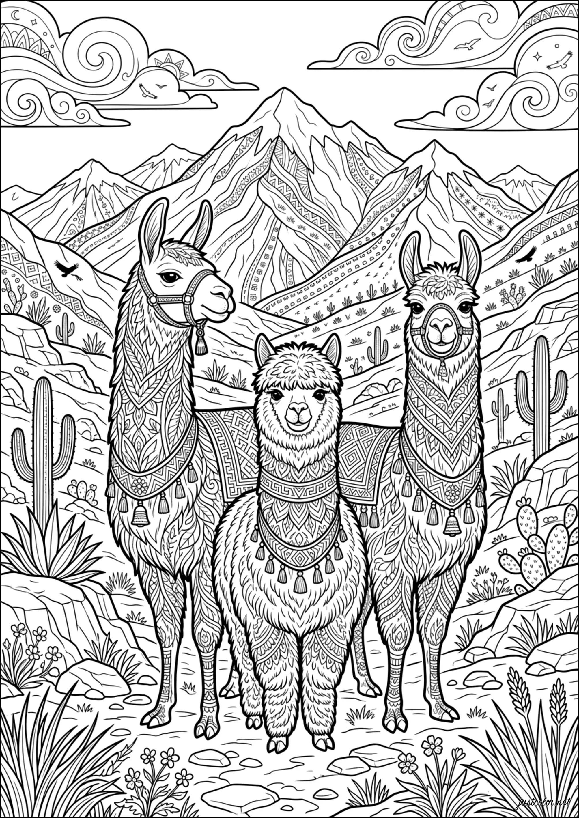 Drei Lamas vor Bergen (Ausmalbild von Lamas und Alpakas zum Ausdrucken und Ausmalen für Erwachsene)