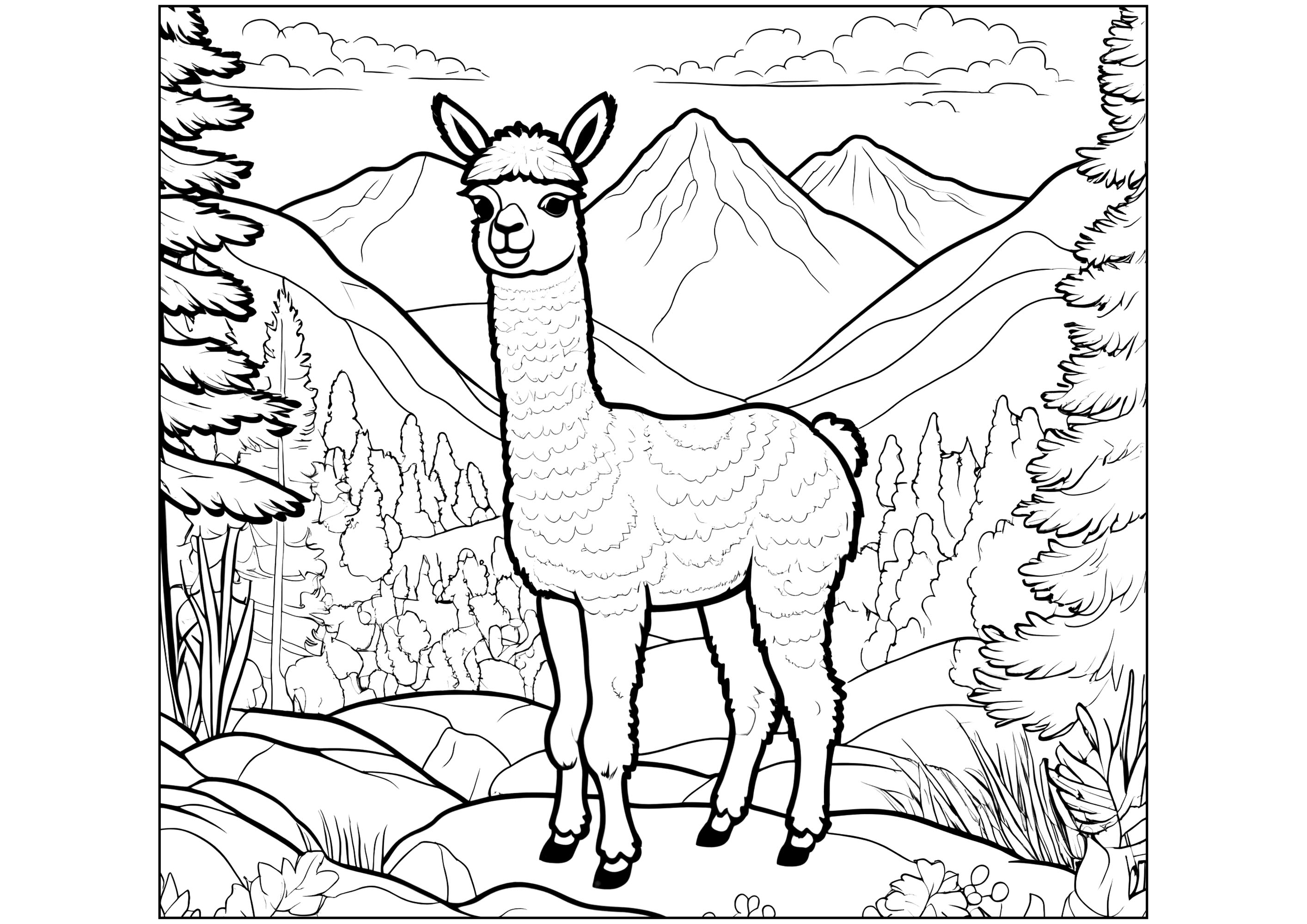 Lama in den Bergen (Ausmalbild von Lamas und Alpakas zum Ausdrucken und Ausmalen für Erwachsene)
