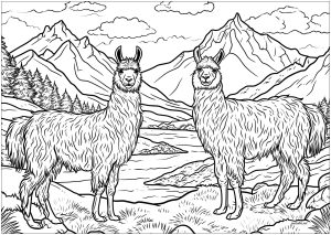 Zwei große Lamas in einer bergigen Landschaft