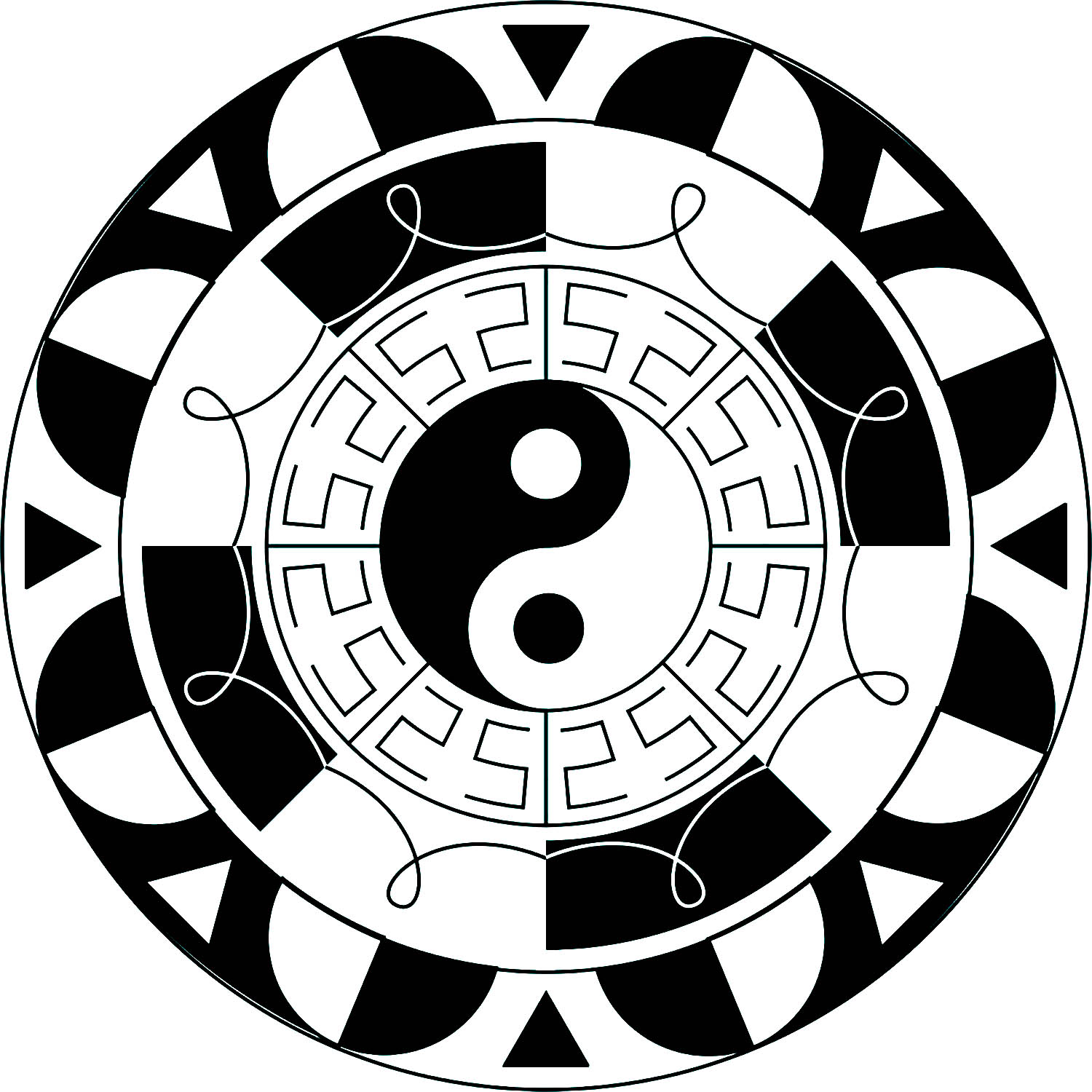 Einfaches Mandala mit Yin & Yang Symbol (Ausmalbild) Einfaches Mandala mit Yin & Yang Symbol (Ausmalbild zum Ausdrucken und Ausmalen für Erwachsene)