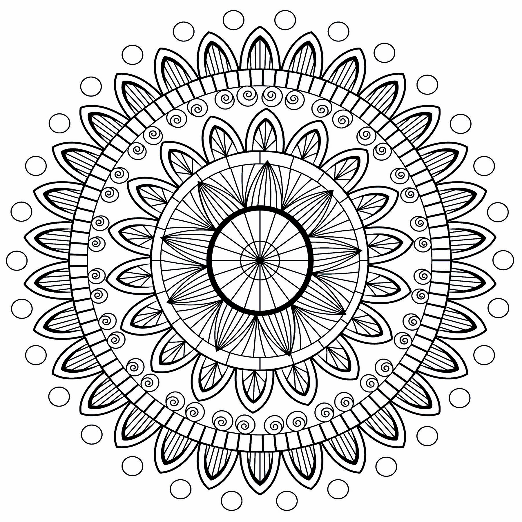 Ein schönes Mandala mit Blütenblättern auf mehreren Ebenen und Kreisen an den Enden, Künstler : Bénédicte