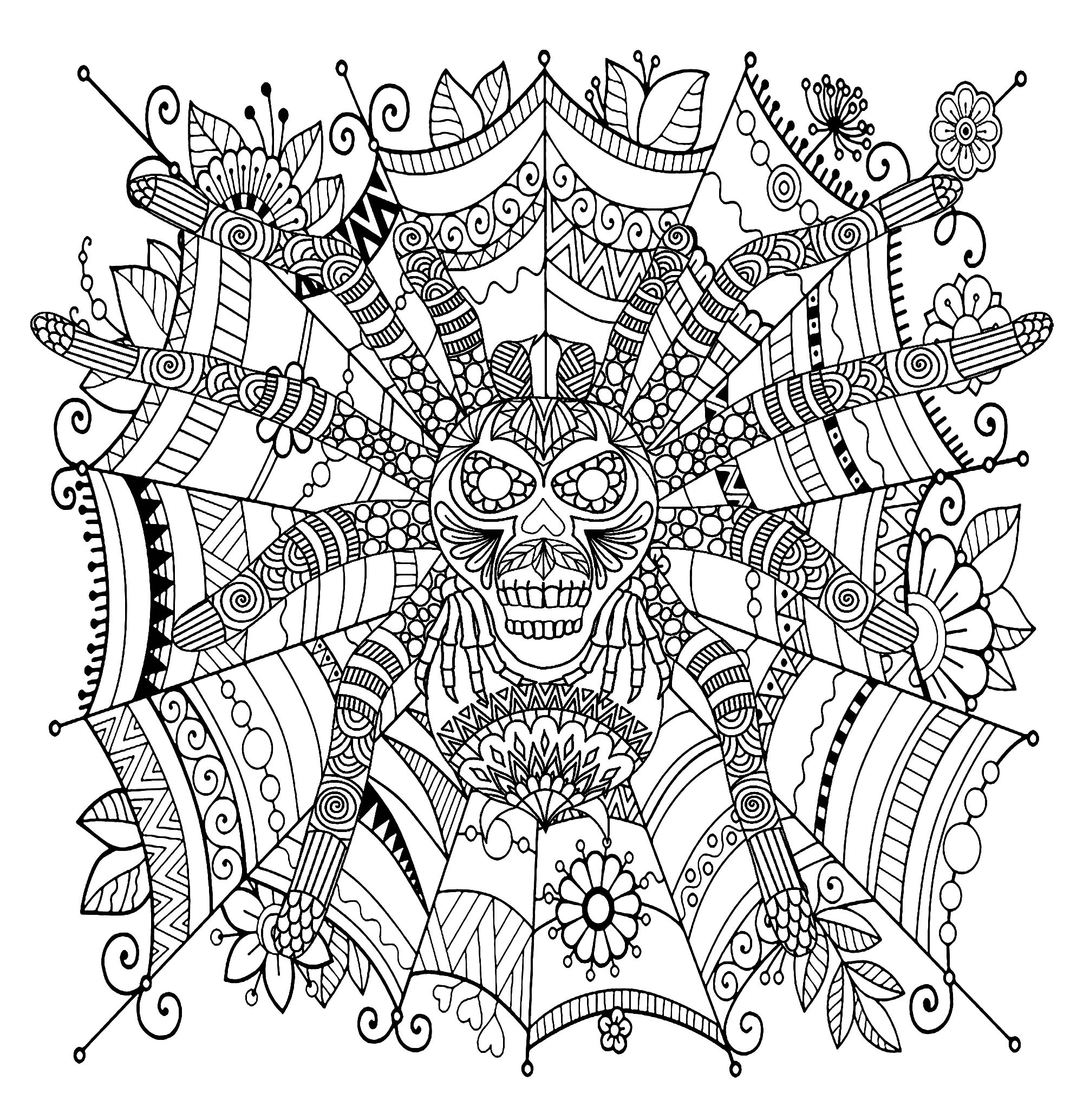 Wunderschön verzierte Spinne auf einem Zentangle gemusterten Netz, Künstler : Art'Isabelle