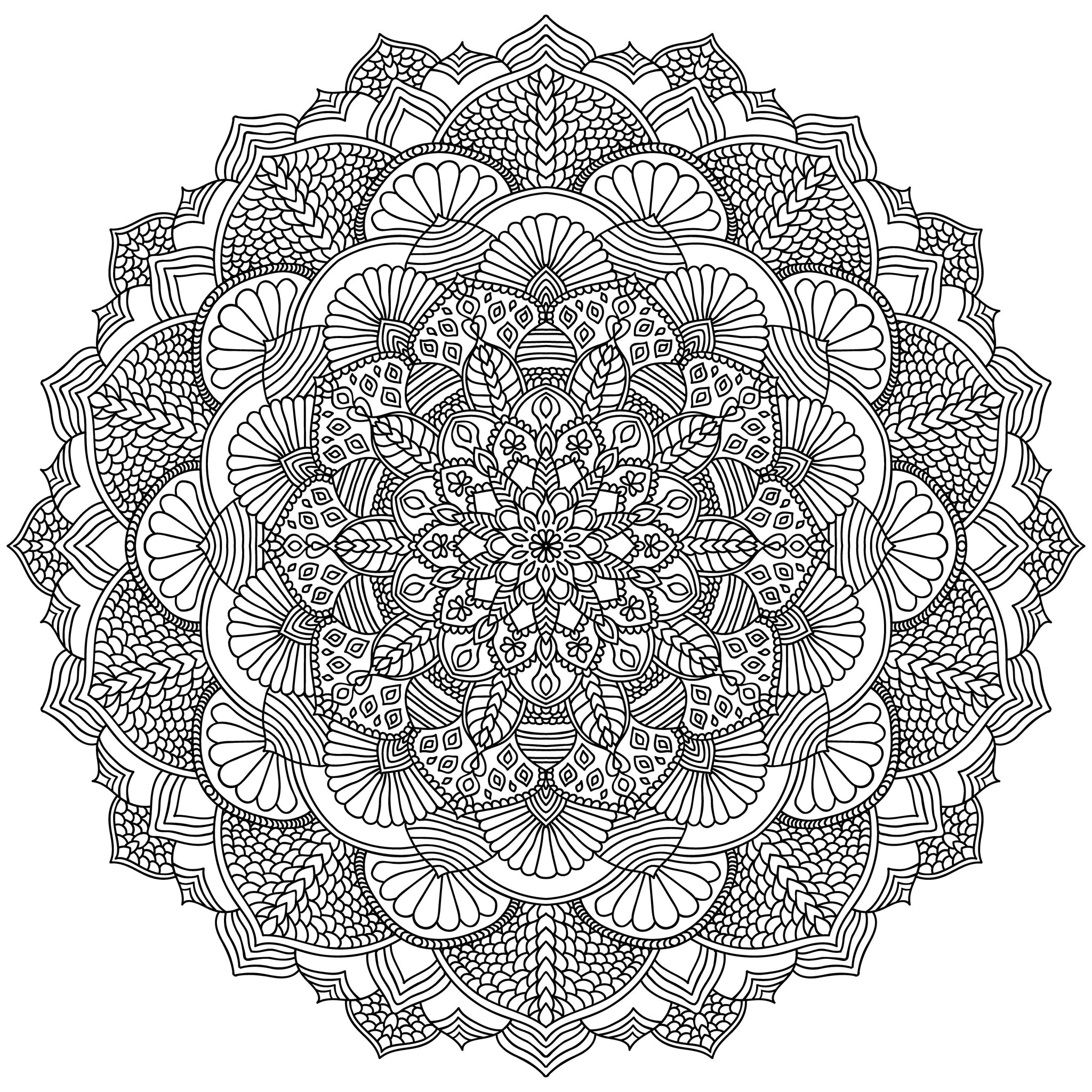Verschlungenes schwarzes Mandala (Ausmalbild zum Ausdrucken und Ausmalen für Erwachsene)