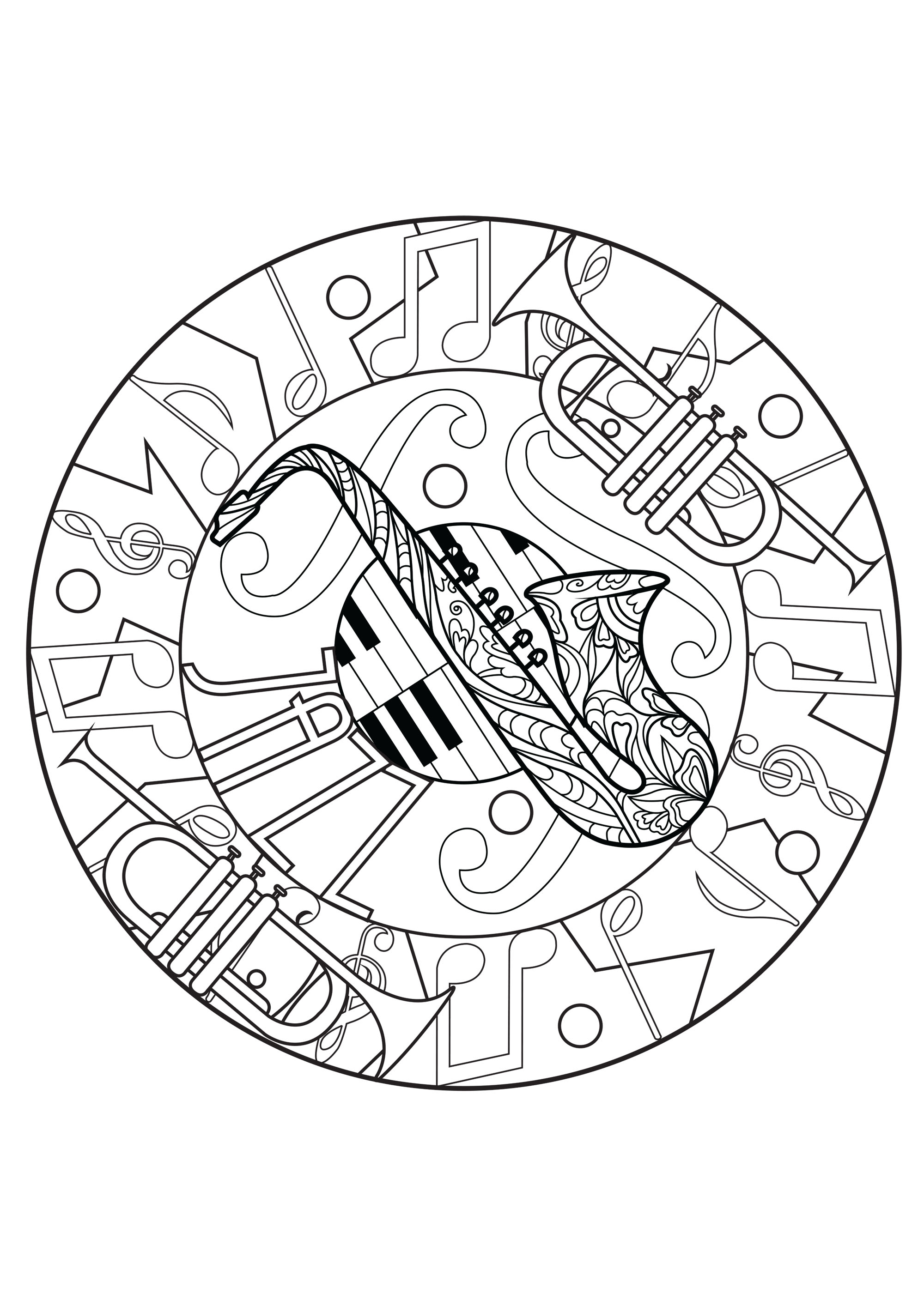 Melodiöse Mandala von einem Saxophon, Trompeten und Klaviertasten zusammengesetztEine schöne Schöpfung, die die Magie der Jazz-Musik und seine eingängigen Rhythmen hervorruft.
