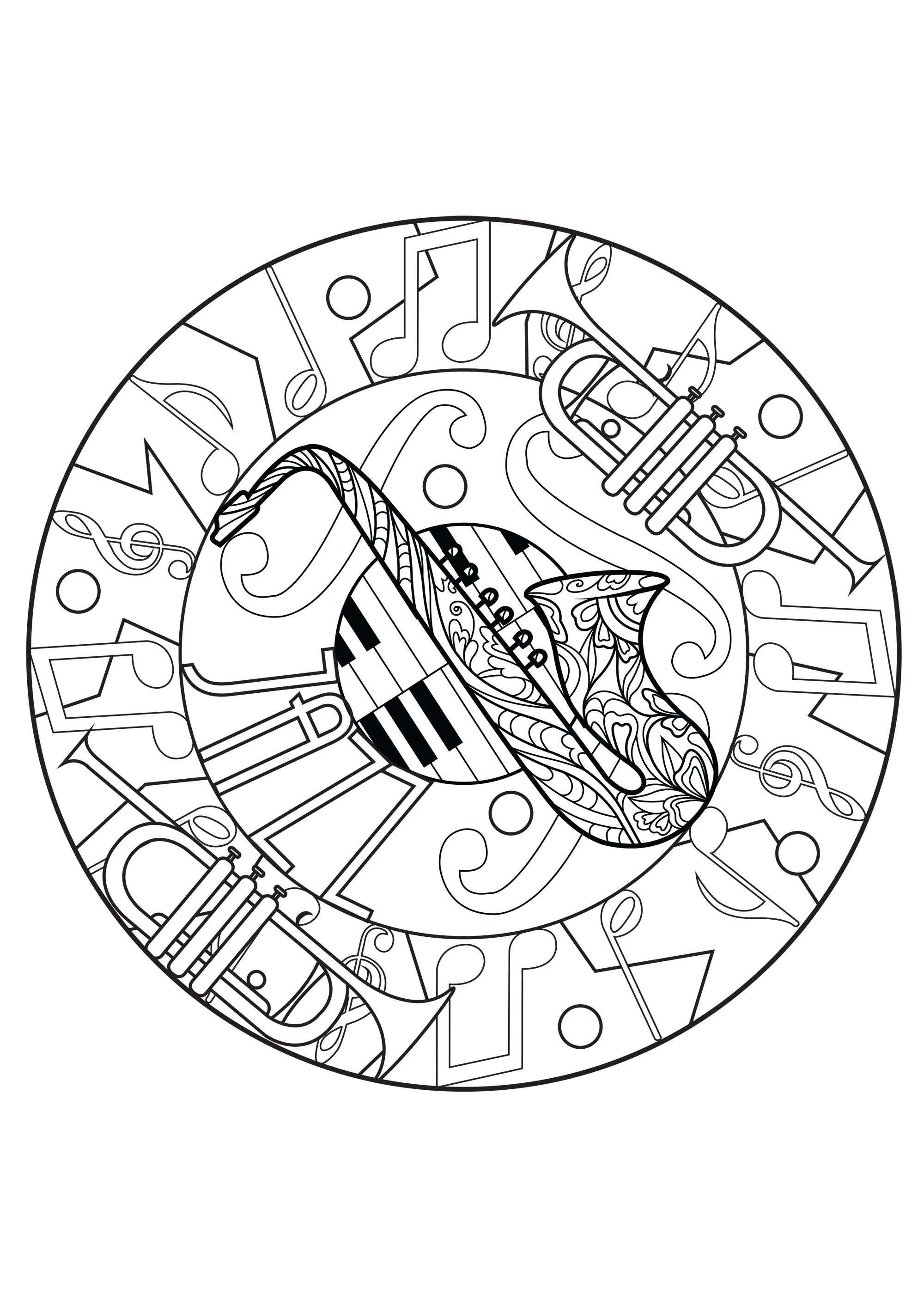 Melodiöses Mandala aus einem Saxophon, Trompeten und Klaviertasten. Eine schöne Kreation, die die Magie der Jazz-Musik und seine eingängigen Rhythmen evoziert.Color jede Note und Instrument mit Farben in Harmonie ...Was, wenn Sie dieses Mandala Farbe während des Hörens von Musik? Jazz natürlich!, Künstler : Lucie