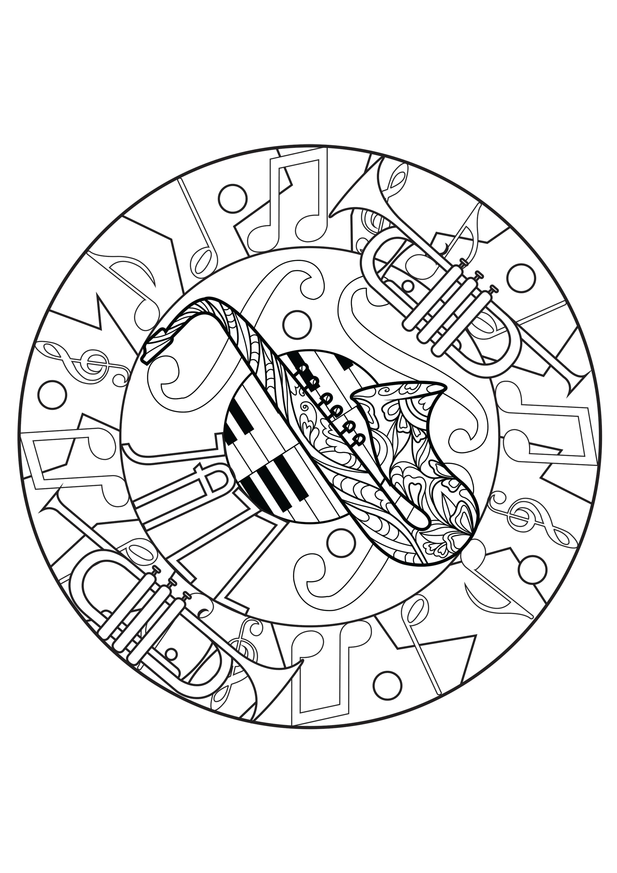 Harmonisches Mandala zum Thema Jazz (Ausmalbild von Lucie zum Ausdrucken und Ausmalen für Erwachsene)