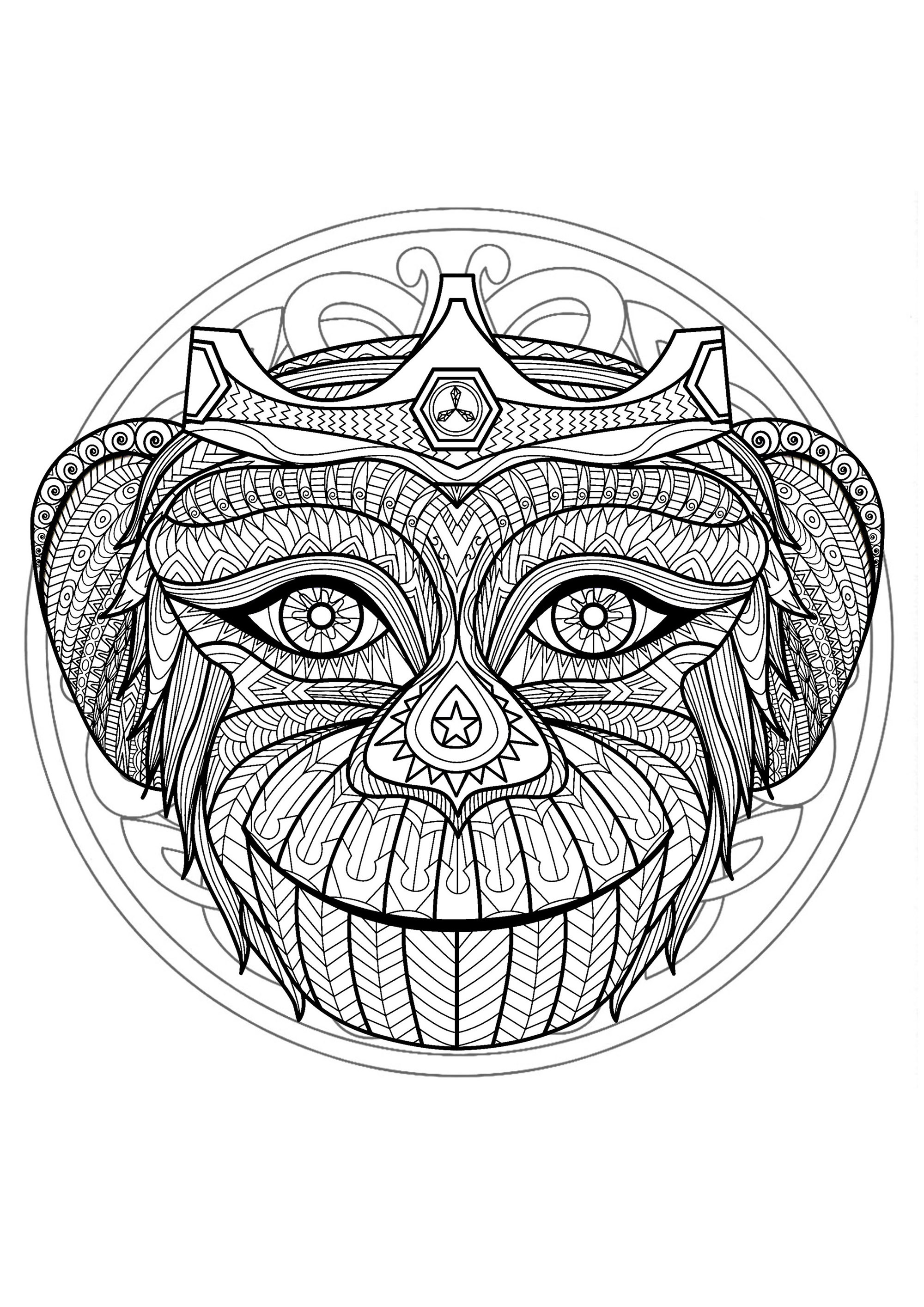 Mandala zum Ausmalen mit sehr schönem Affenkopf und schönen verschlungenen Mustern im Hintergrund