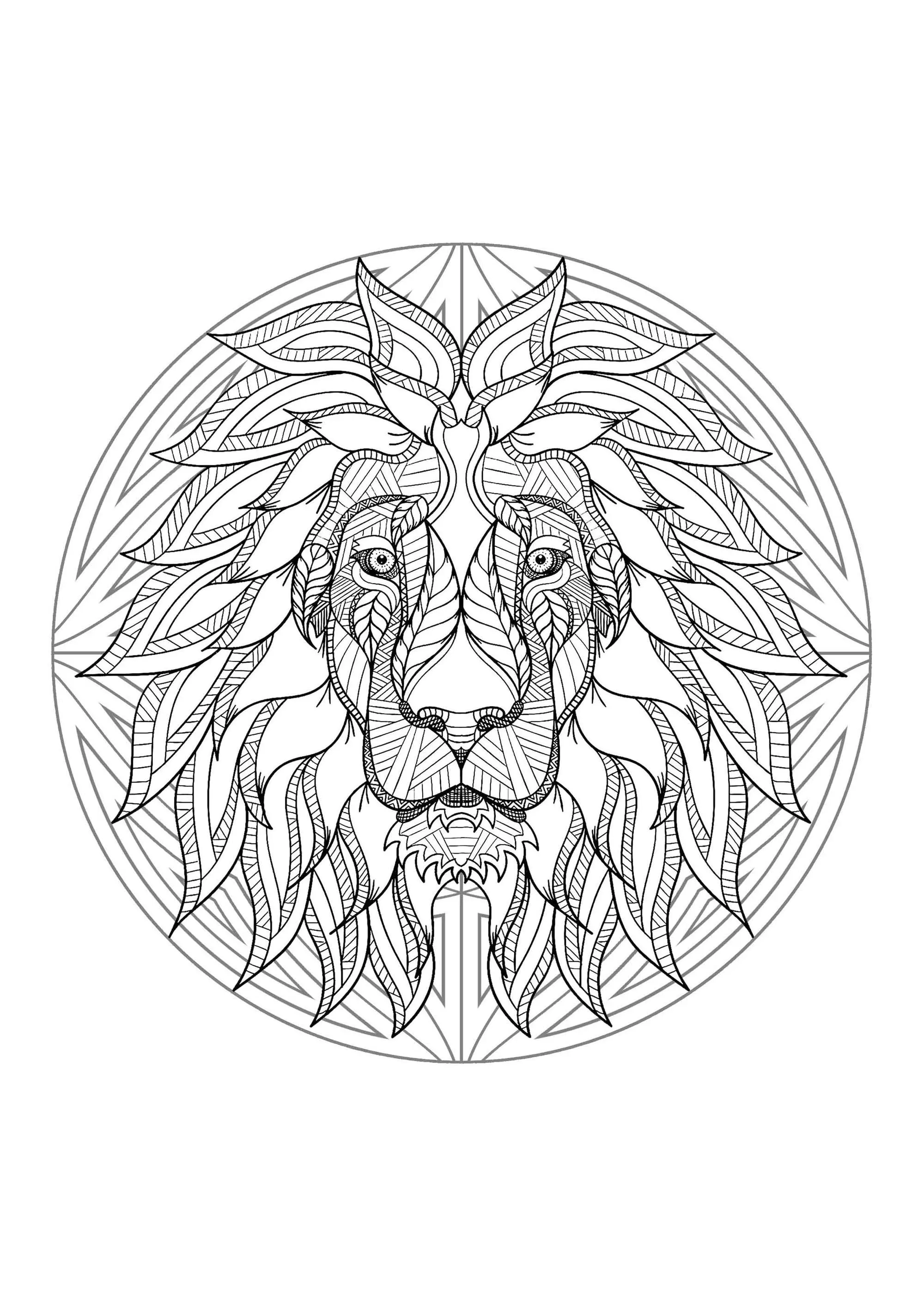 Mandala und Löwenkopf (Ausmalbild zum Ausdrucken und Ausmalen für Erwachsene)