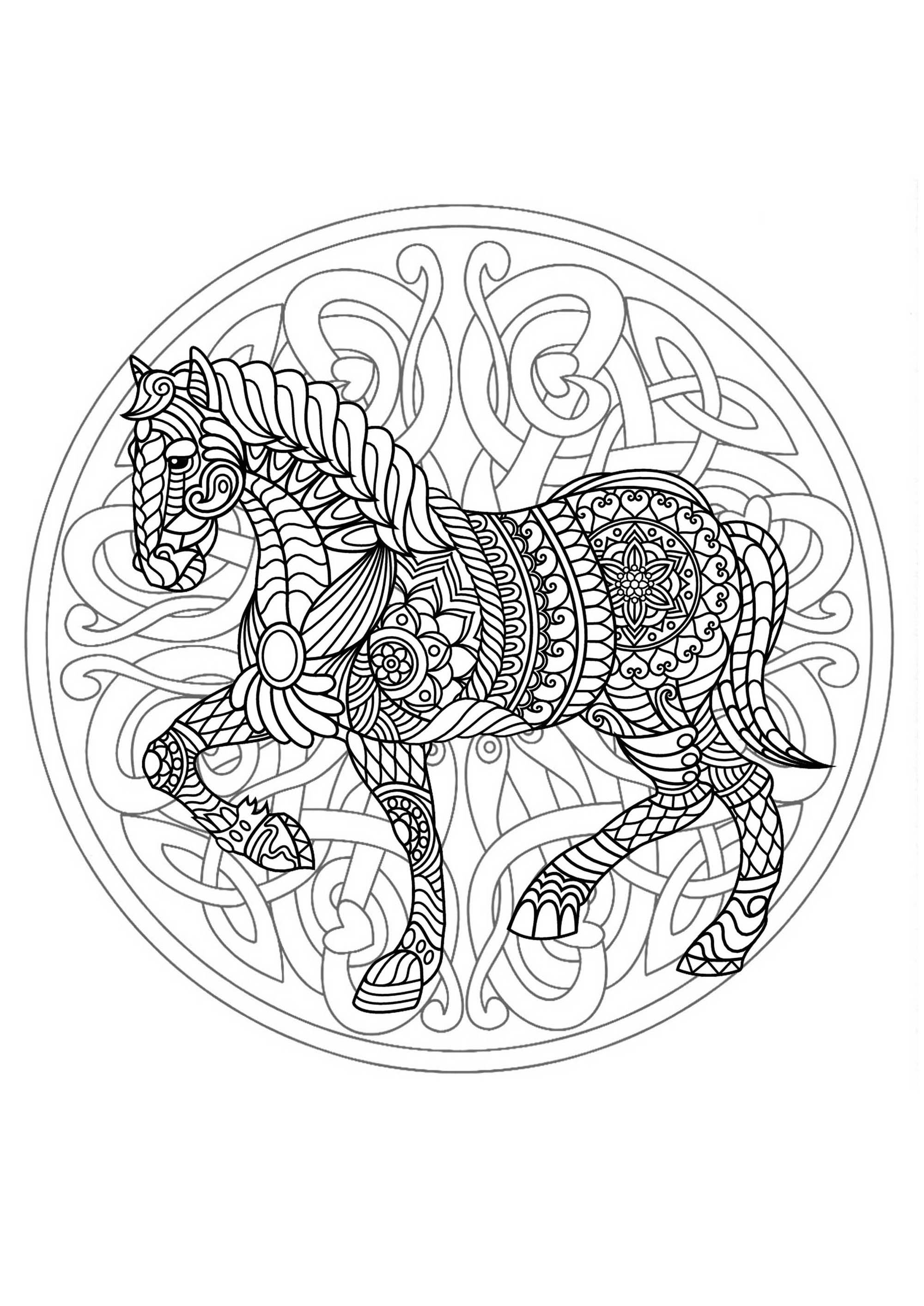 Mandala zum Ausmalen mit elegantem Pferd und verschlungenen Mustern im Hintergrund