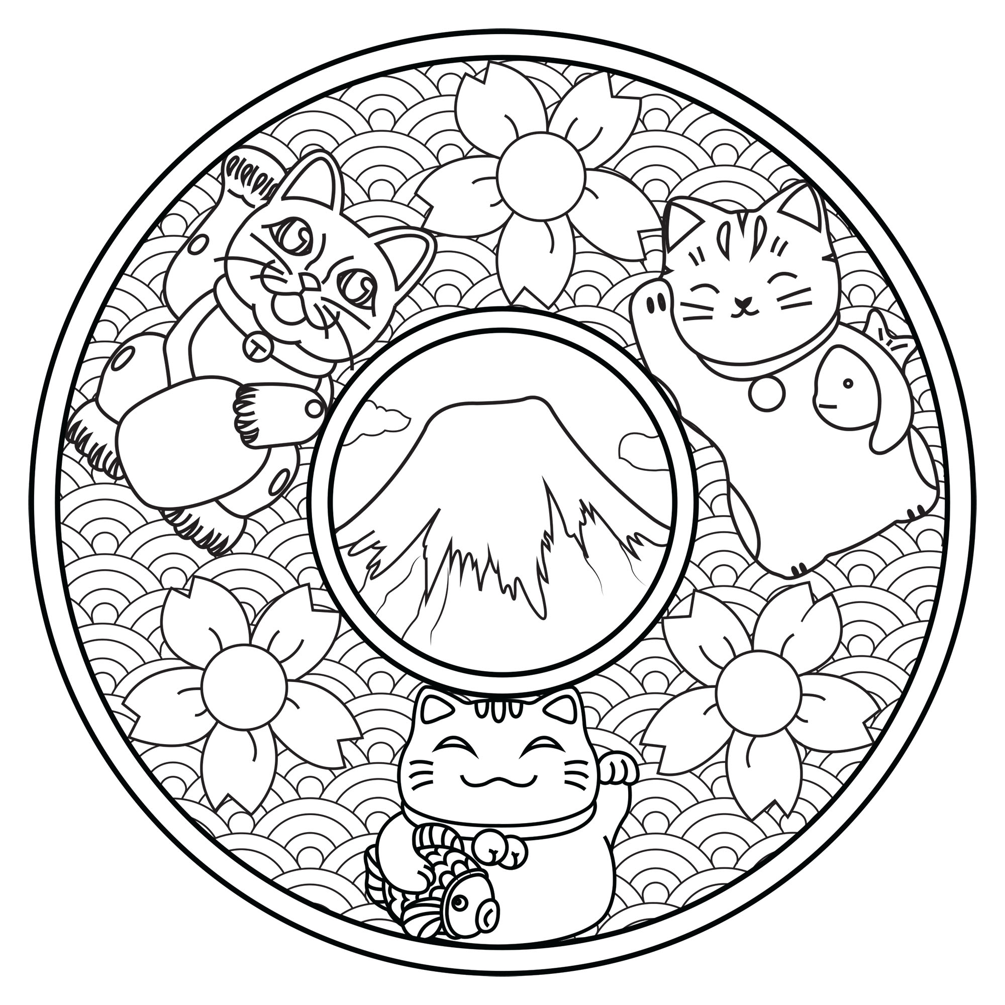 Färben Sie diese drei niedlichen Katzen auf diesem von Japan inspirierten Mandala: Berg Fuji, Kirschblüten, Wellen .., Künstler : Lucie