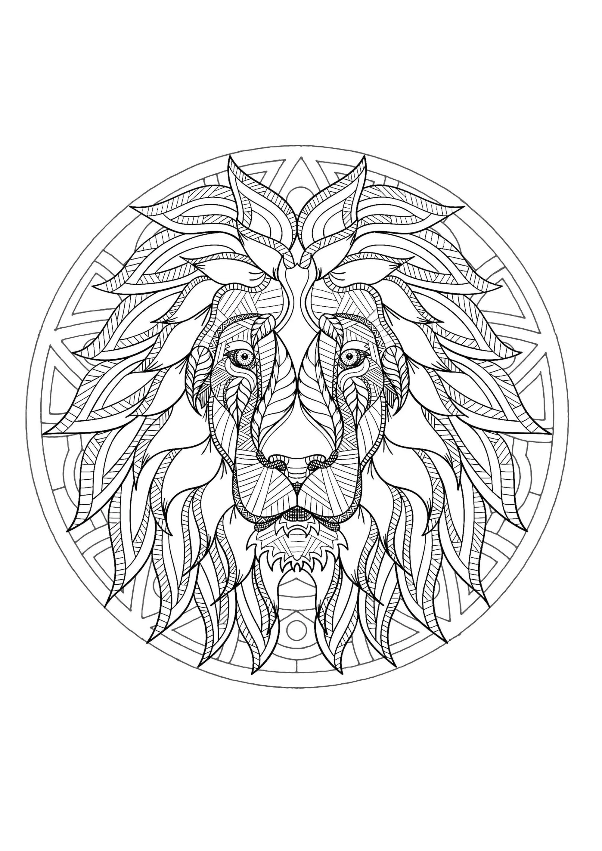 Mandala mit unglaublichem Löwenkopf und geometrischen Mustern (Ausmalbild zum Ausdrucken und Ausmalen für Erwachsene)