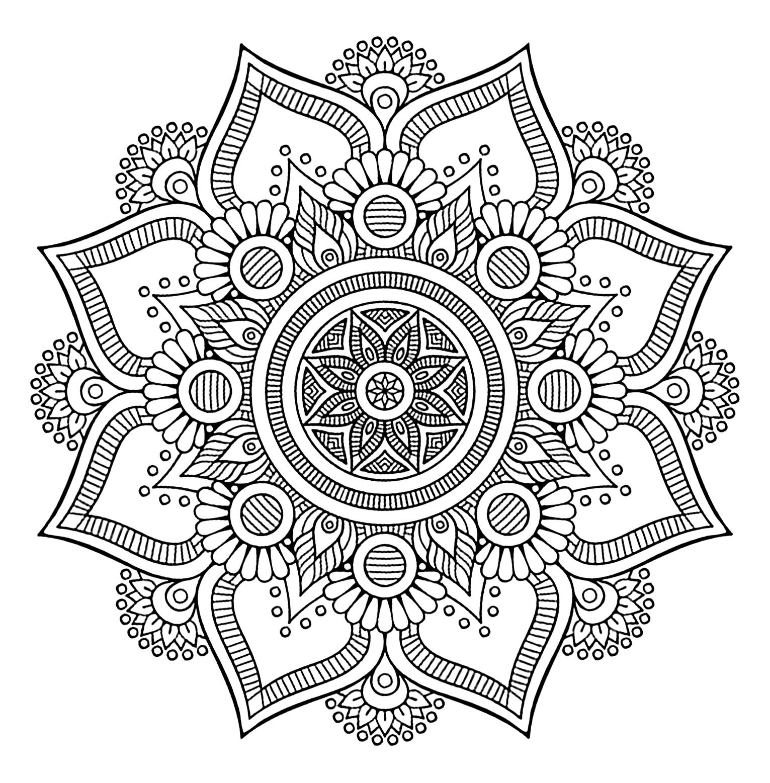 Cooles Mandala mit 8 großen Blütenblättern und pflanzlichen Mustern