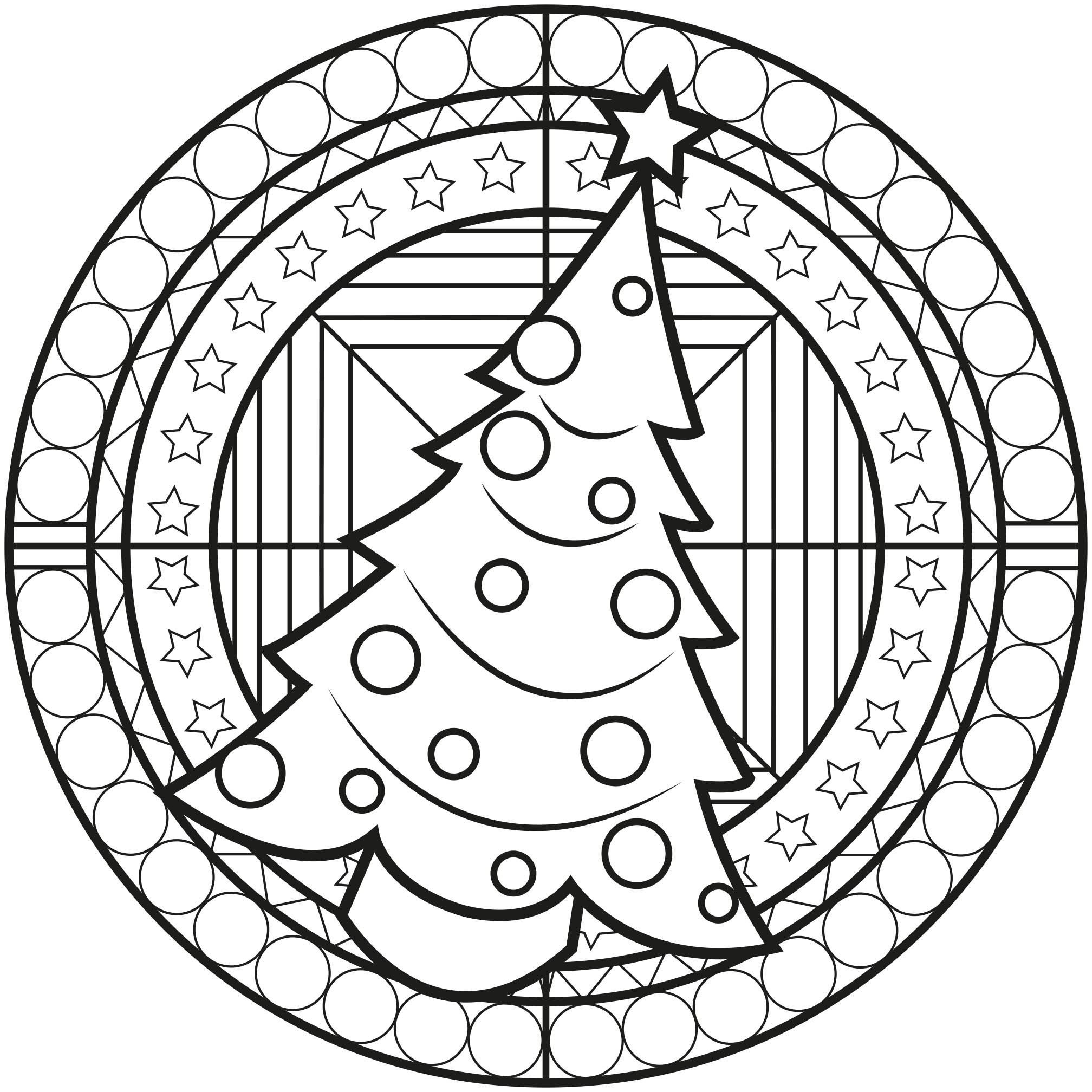 Weihnachten steht vor der Tür! Stimmen Sie sich mit diesem Weihnachtsmandala mit einem großen Weihnachtsbaum in der Mitte ein