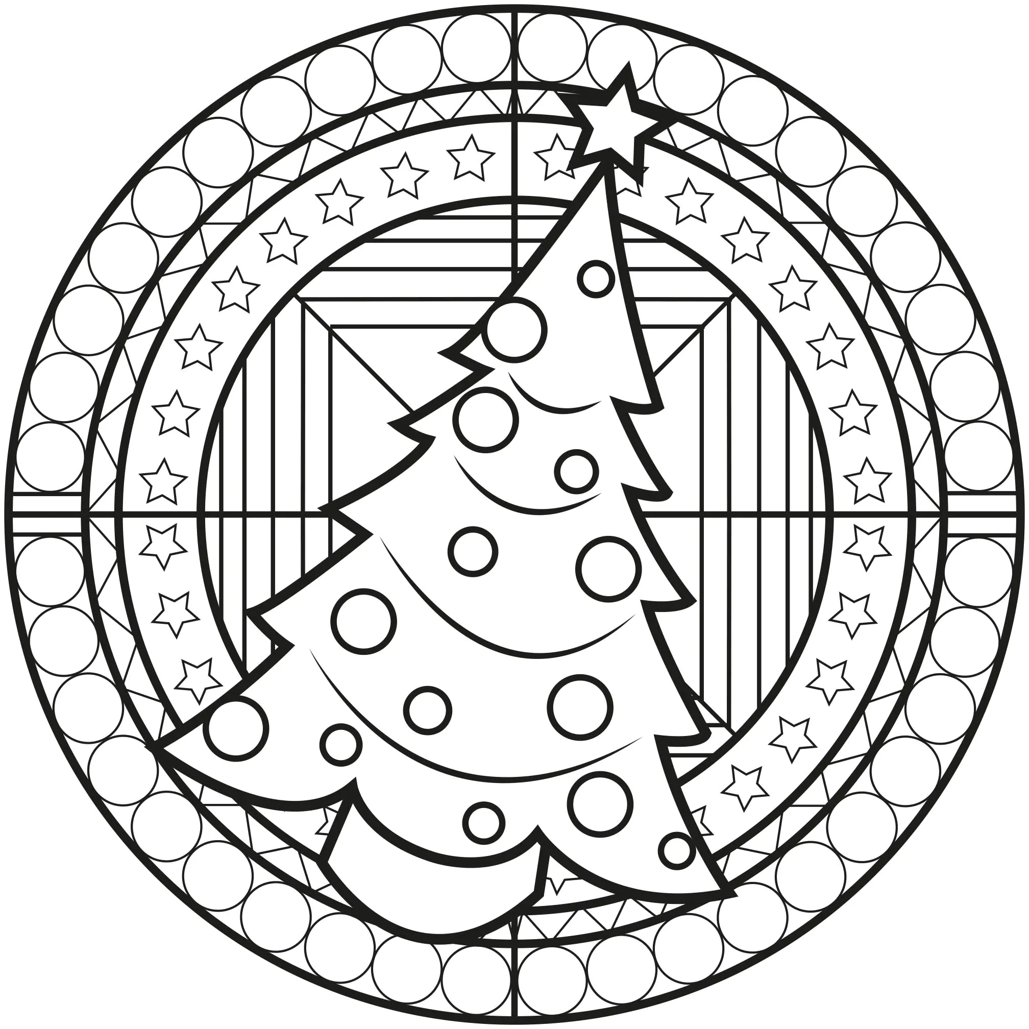 Weihnachtsmandala mit Weihnachtsbaum (Ausmalbild von Mandalas zum Ausdrucken und Ausmalen für Erwachsene)
