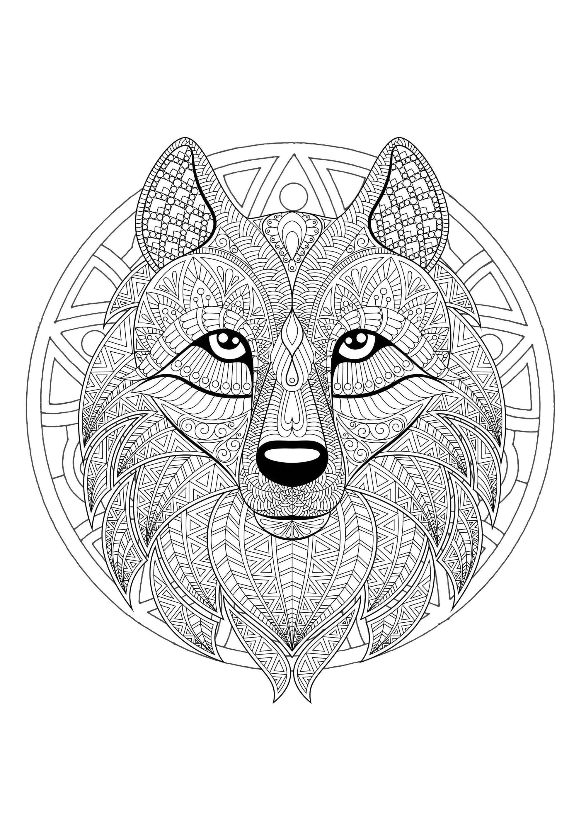 Mandala mit geometrischen Mustern und Wolfskopf voller komplexer Details (Ausmalbild zum Ausdrucken und Ausmalen für Erwachsene)