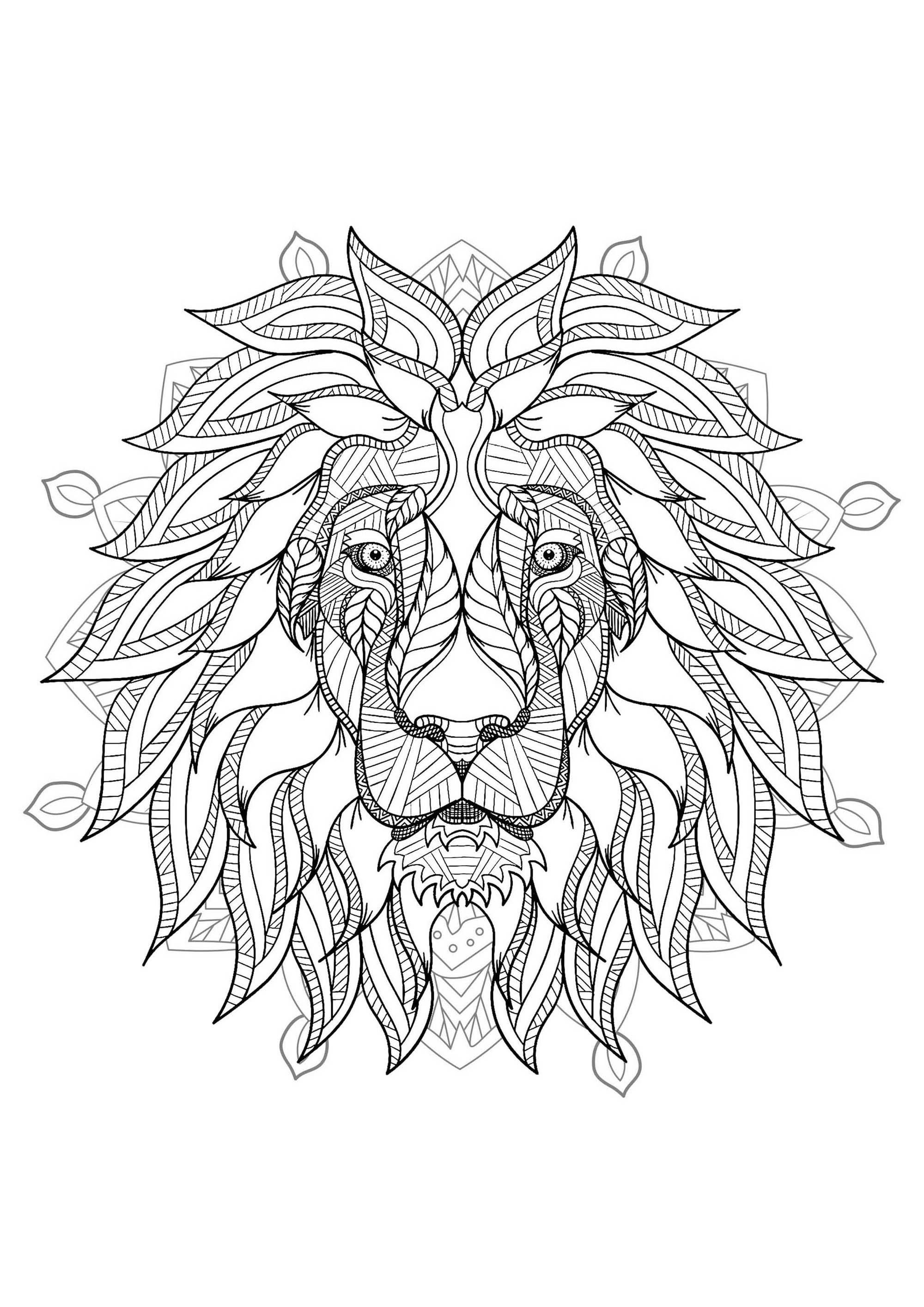 Löwenkopf-Mandala - 2. Du bist an der Reihe, den König der Tiere auf dieser schönen symmetrischen und detaillierten Ausmalvorlage auszumalen.
