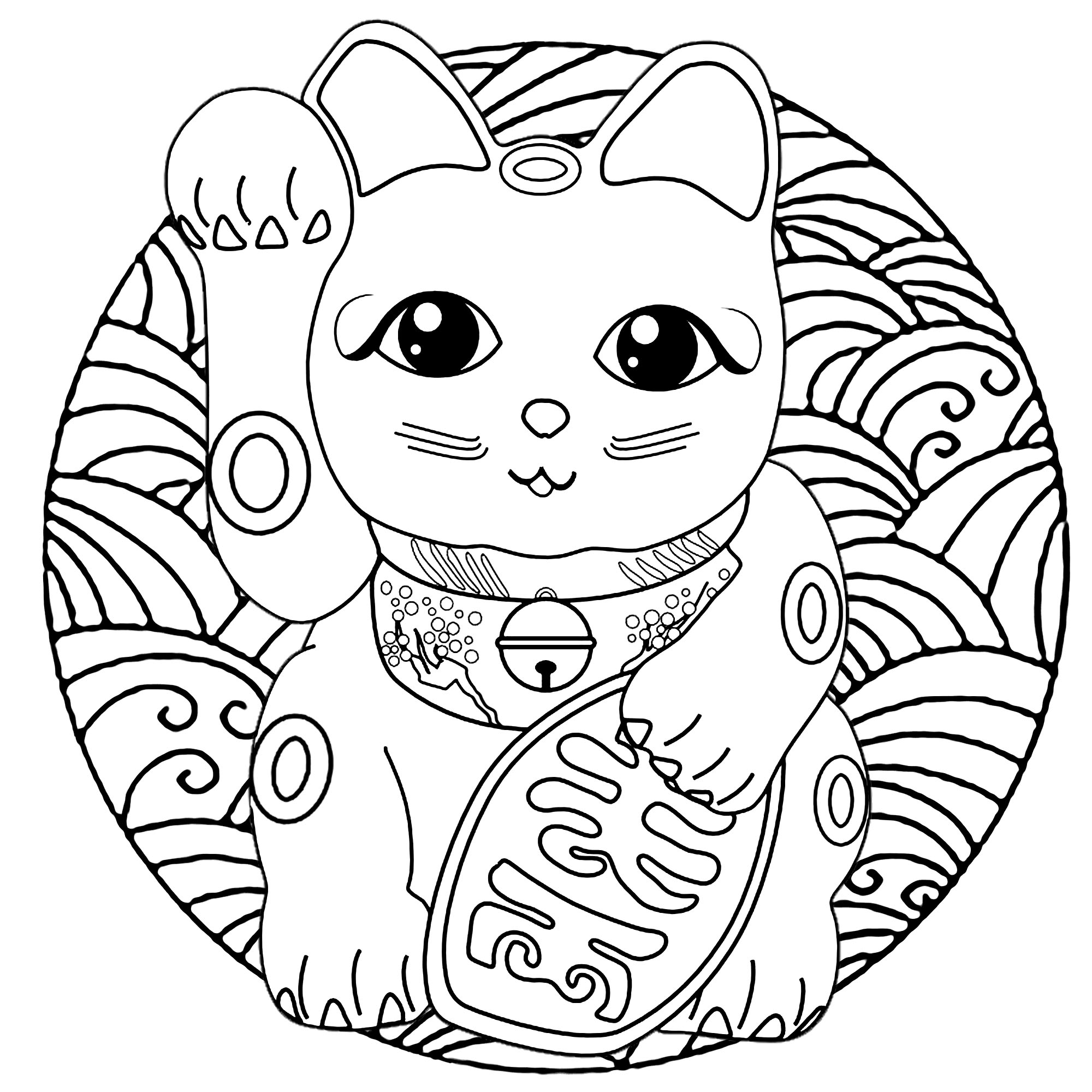 Eine süße Maneki Neko Katze (japanische Figur: Glücksbringer, Talisman) in einem Mandala voller Wellen (japanischer Grafikstil), Künstler : Art'Isabelle