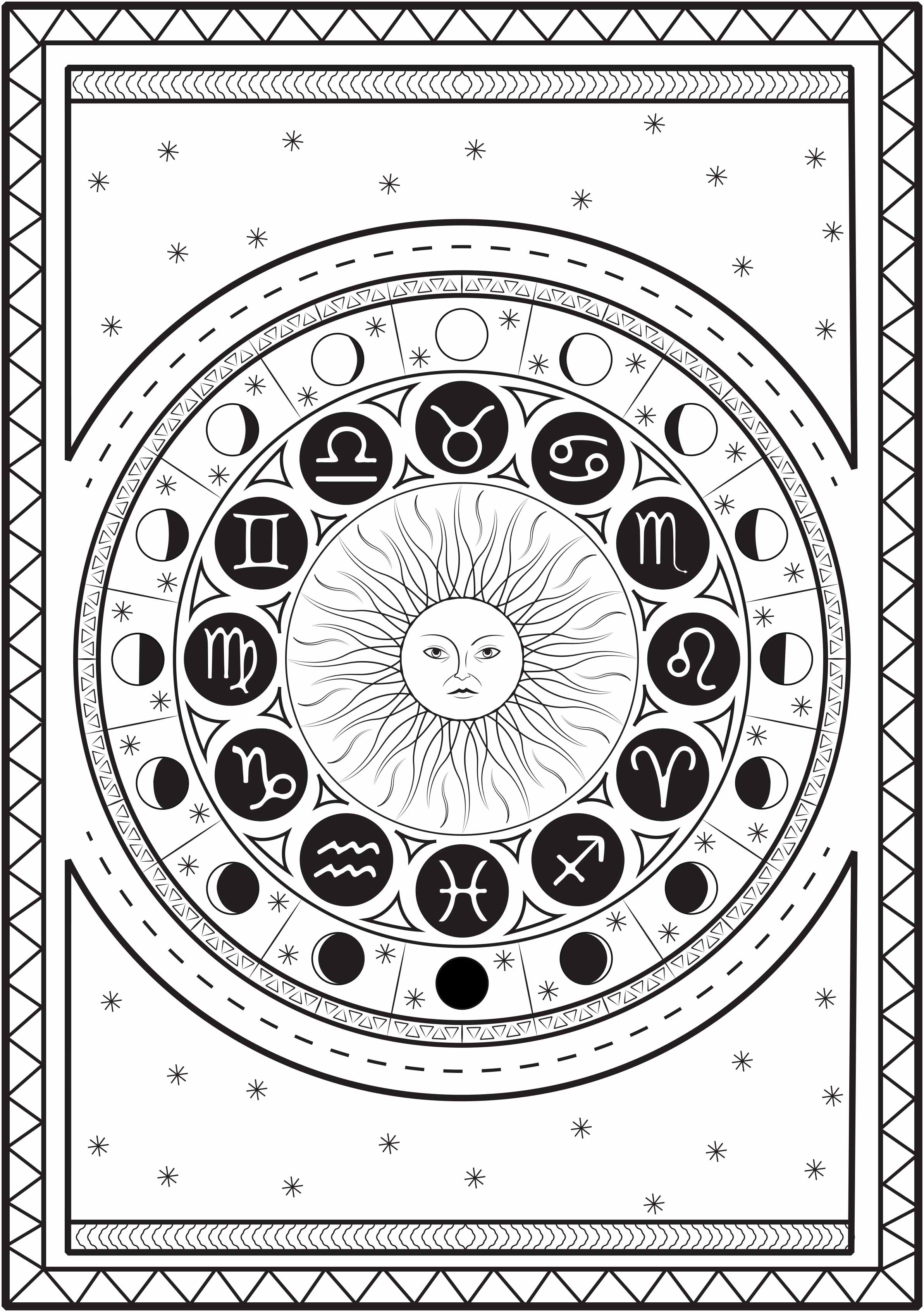 Mandala bestehend aus astrologischen Zeichen um eine Sonne, mit dem Mondzyklus, auf einem sternenklaren Hintergrund, Künstler : Louise