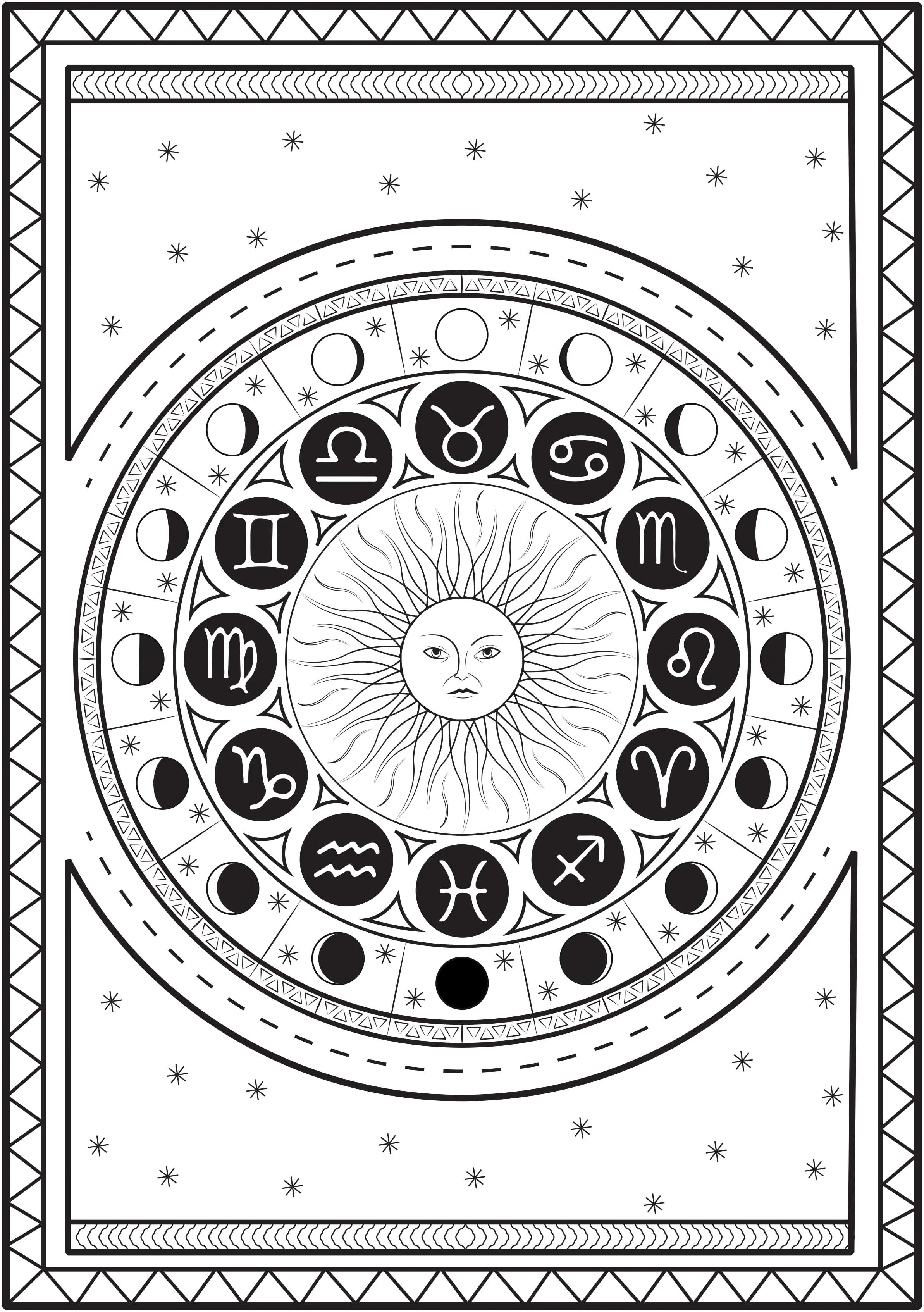 Astrologische Zeichen und Mondzyklus (Ausmalbild von Mandalas zum Ausdrucken und Ausmalen für Erwachsene)