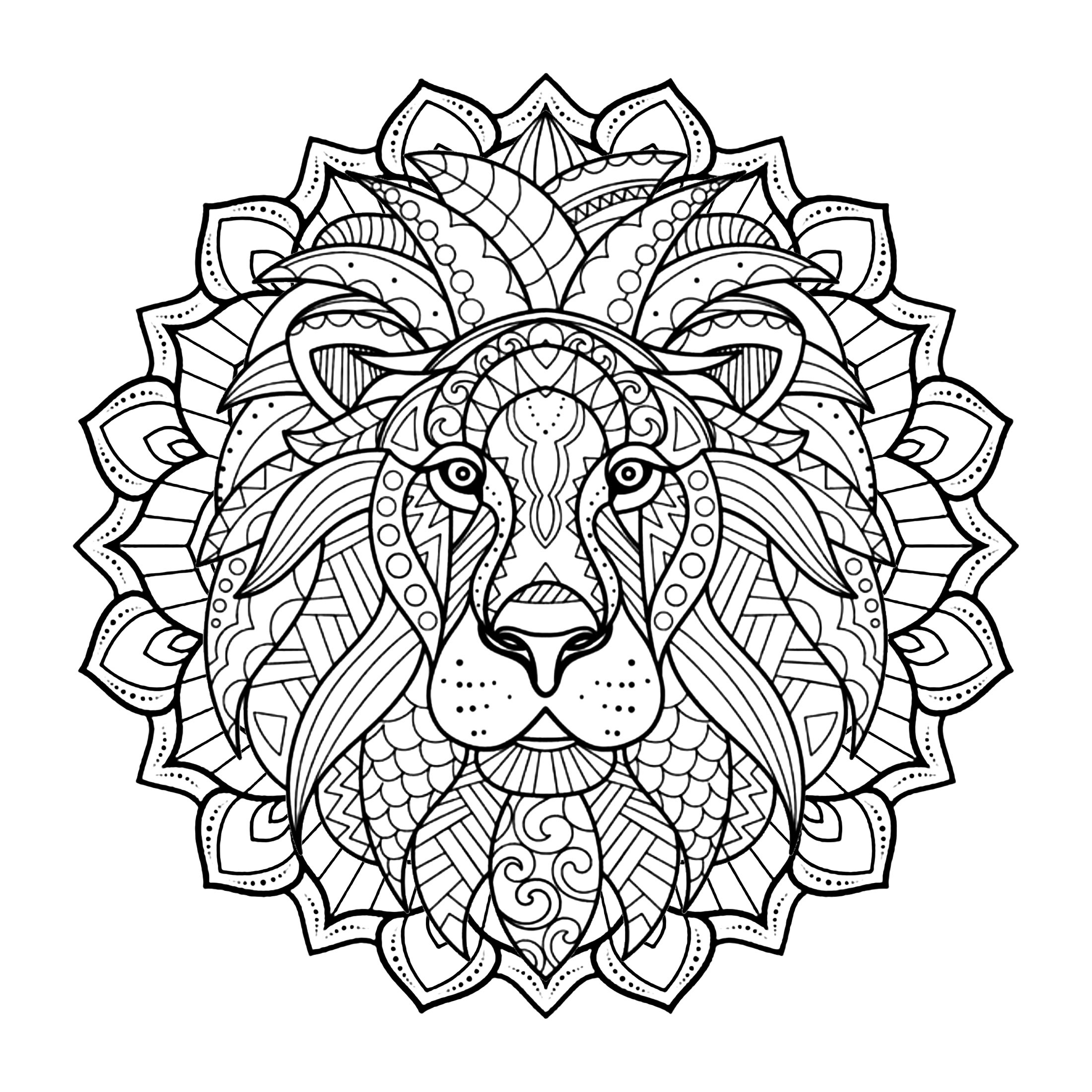 Mandala Löwe. Prächtiger Löwenkopf integriert in ein Mandala