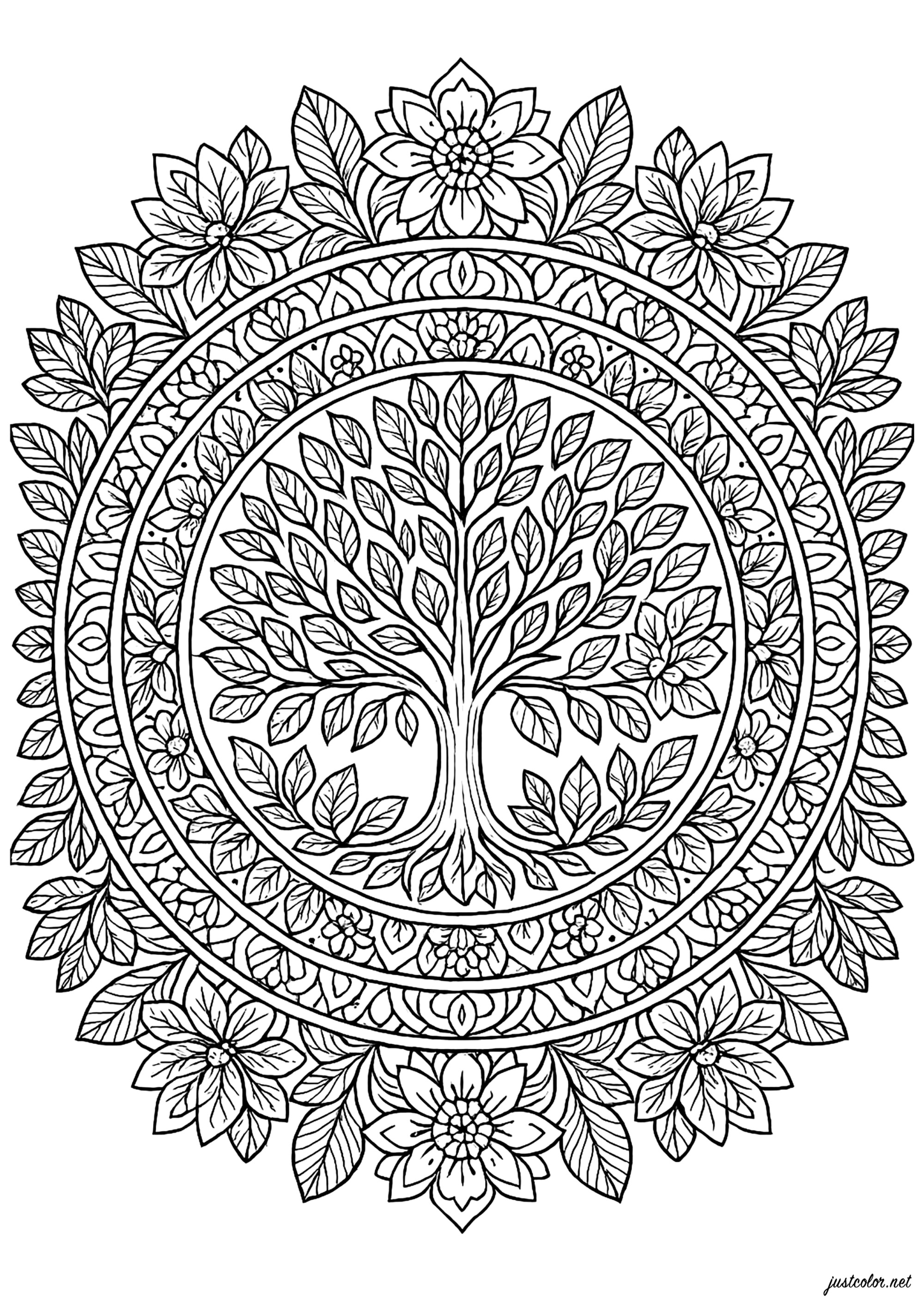 Baum des Lebens umgeben von Blumen (Ausmalbild von Mandalas zum Ausdrucken und Ausmalen für Erwachsene)