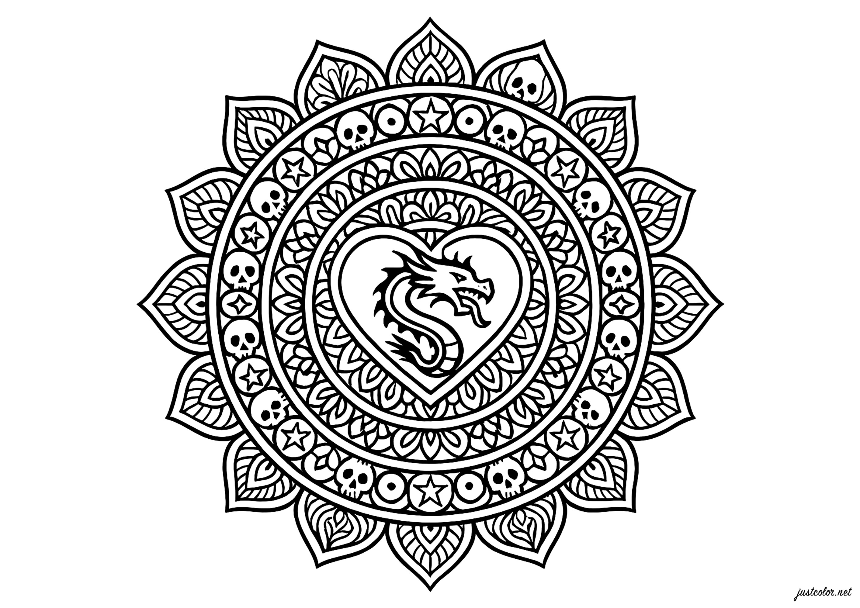 Mystischer Drache im Herzen eines Mandalas (Ausmalbild zum Ausdrucken und Ausmalen für Erwachsene)