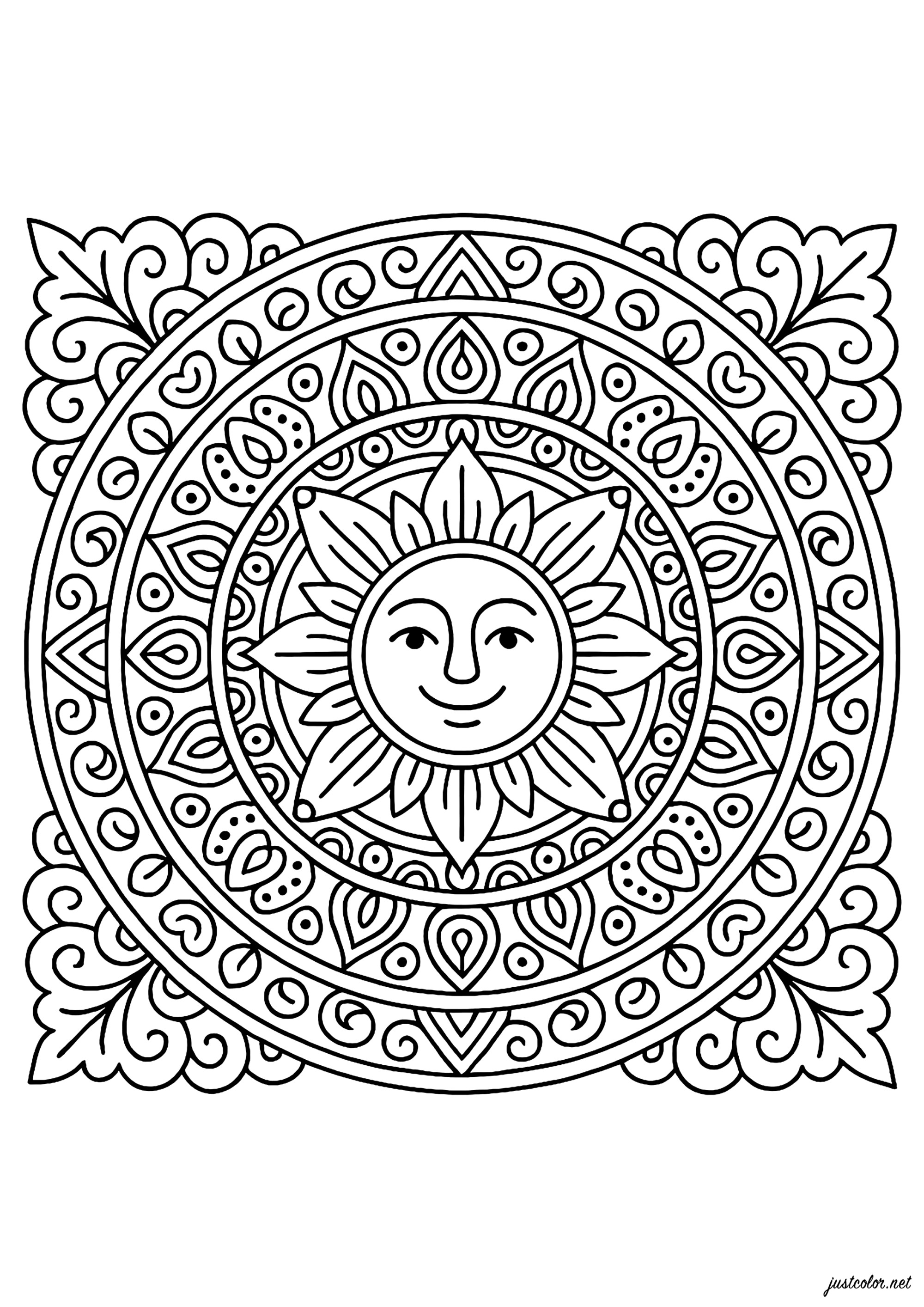 Symmetrische Mandala mit verschlungenen Motiven und zentraler Sonne (Ausmalbild zum Ausdrucken und Ausmalen für Erwachsene)