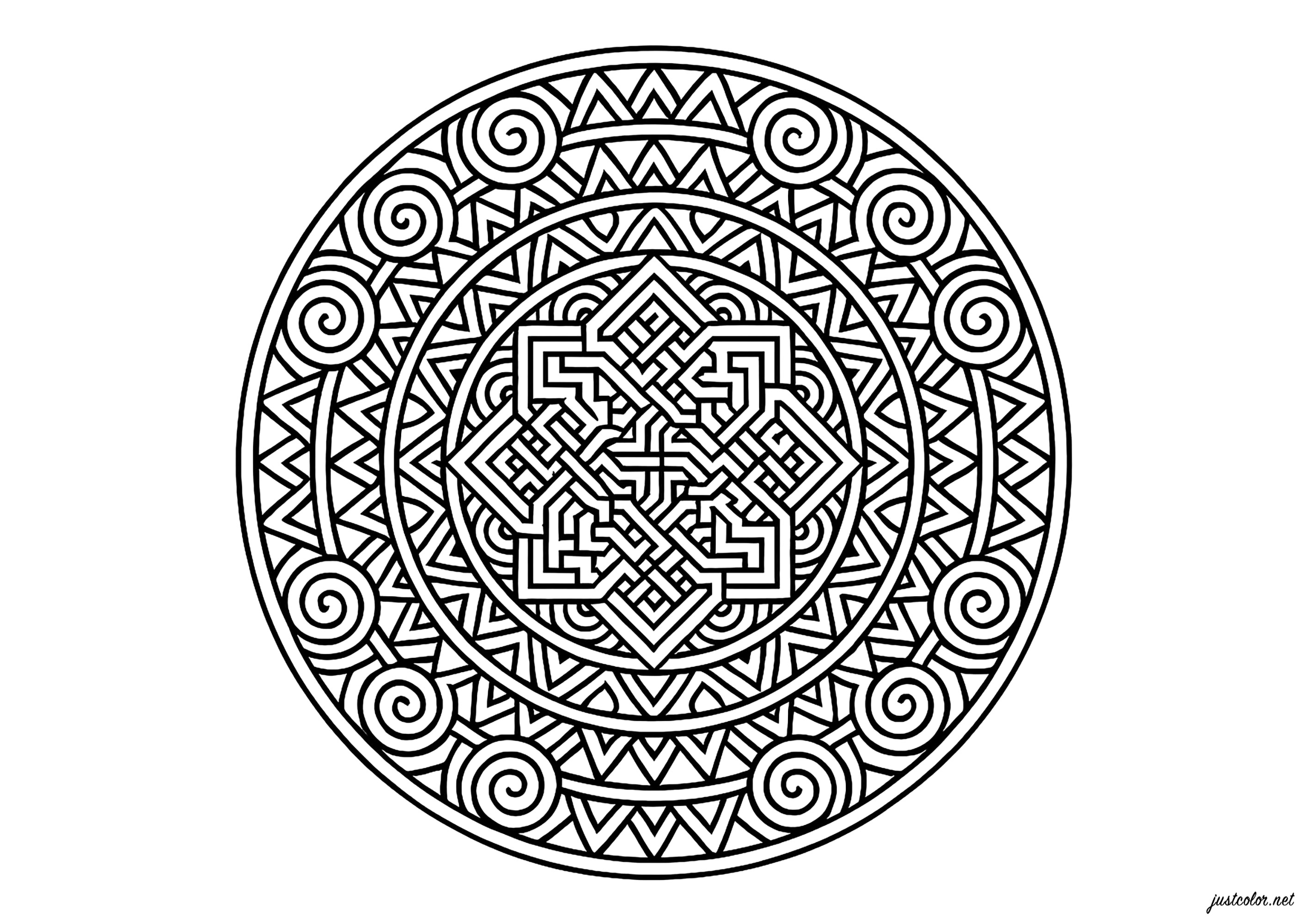 Meditativer Geometrischer Labyrinth (Ausmalbild von Mandalas zum Ausdrucken und Ausmalen für Erwachsene)