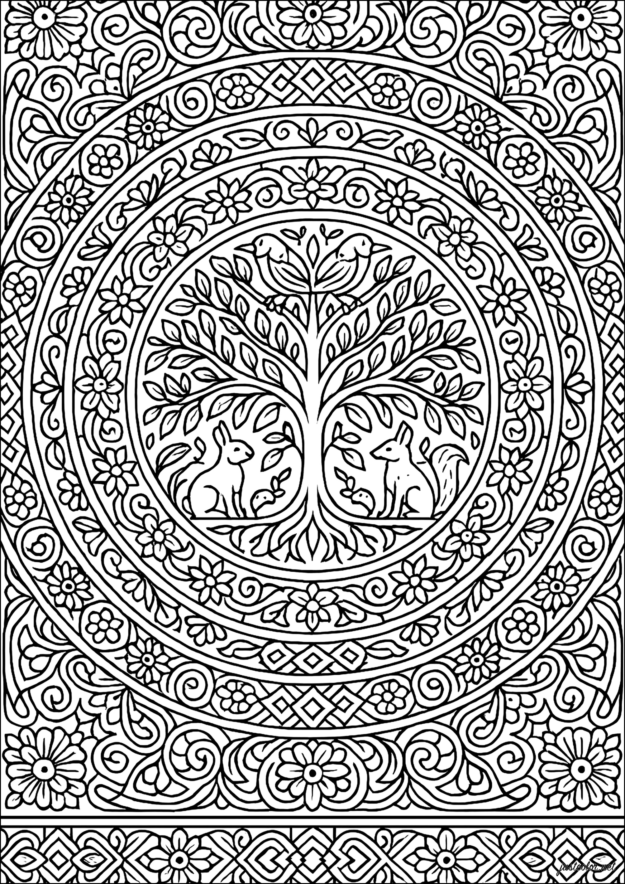 Baum des Lebens umgeben von komplexen Mustern (Ausmalbild von Mandalas zum Ausdrucken und Ausmalen für Erwachsene)