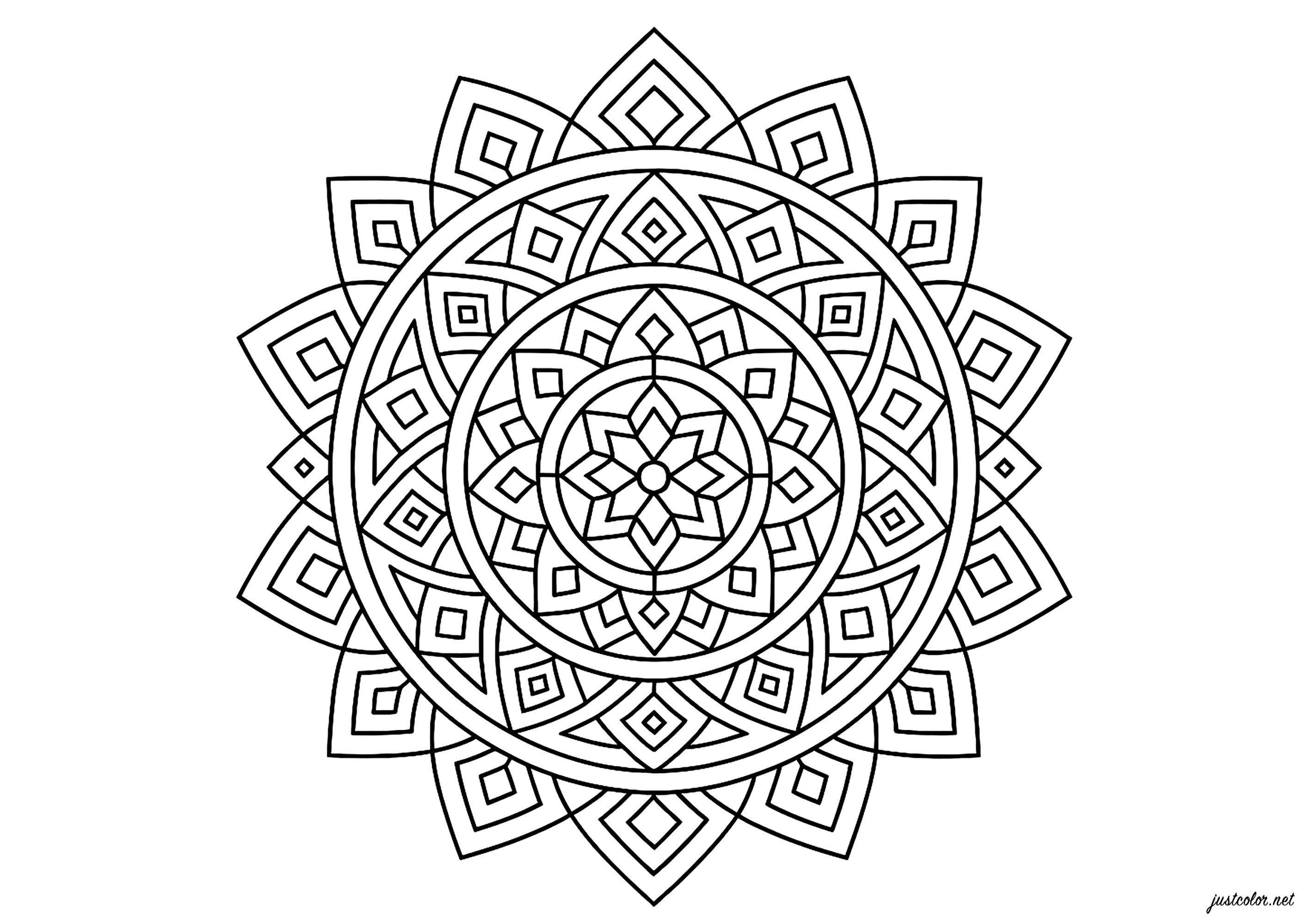 Symmetrisches geometrisches Mandala (Ausmalbild zum Ausdrucken und Ausmalen für Erwachsene)