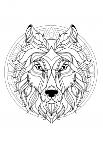 Mandala mit schönem Wolfskopf und herrlichen geometrischen Mustern (Ausmalbild)