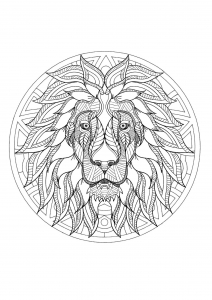 Mandala mit unglaublichem Löwenkopf und geometrischen Mustern (Ausmalbild)