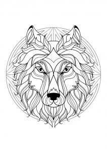 Mandala mit elegantem Wolfskopf und schönen Mustern (Ausmalbild)