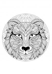 Mandala mit schönem Wolfskopf und geometrischen Mustern (Ausmalbild)
