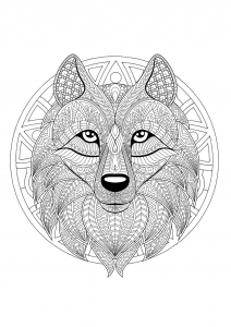 Mandala mit geometrischen Mustern und Wolfskopf voller komplexer Details (Ausmalbild)