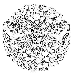 Blumenmandala mit Motte (Ausmalbild von Mandalas)