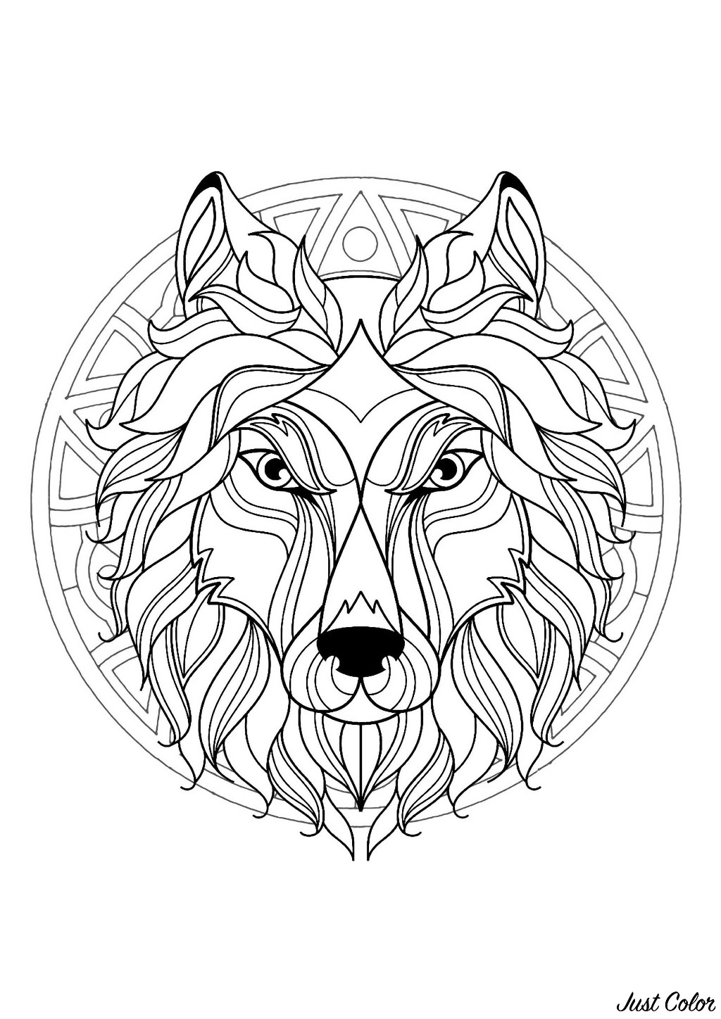 Mandala zum Ausmalen mit schönem Wolfskopf und geometrischen Mustern im Hintergrund