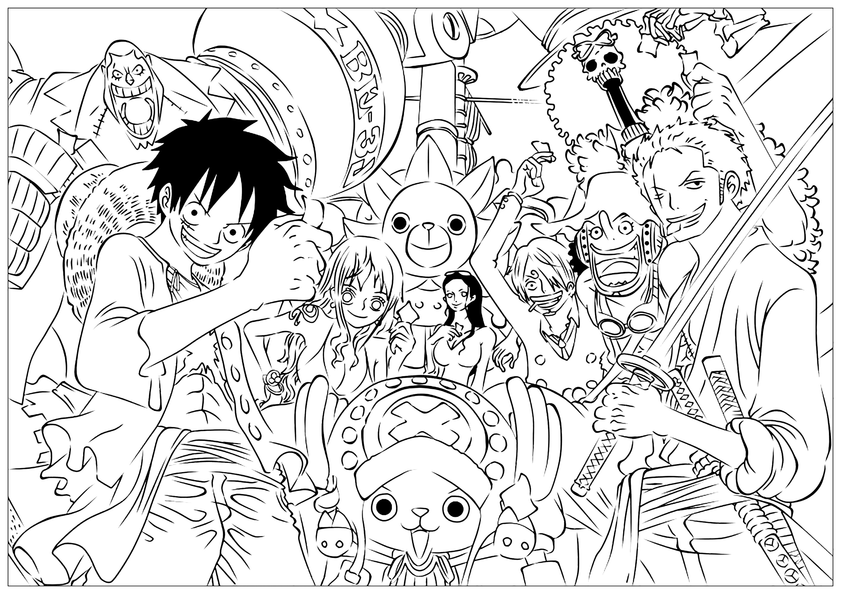 Einteilige Figuren in einem Malbuch voller Details. Hier sind die Hauptfiguren von One Piece: Monkey D. Luffy ist der Anführer, der König der Piraten werden will. Roronoa Zoro ist ein Schwertkämpfer mit drei Klingen; Nami, die Navigatorin; Usopp, der Scharfschütze und Geschichtenerzähler; Sanji, der Koch; Tony Tony Chopper, der Rentierarzt; Nico Robin, der Archäologe; Franky, der Cyborg-Zimmermann; Brook, der Skelettmusiker; und Jinbei, der Karateka-Fischmensch. Sie alle sind Teil der Chapeau de Paille-Crew mit einzigartigen Träumen.