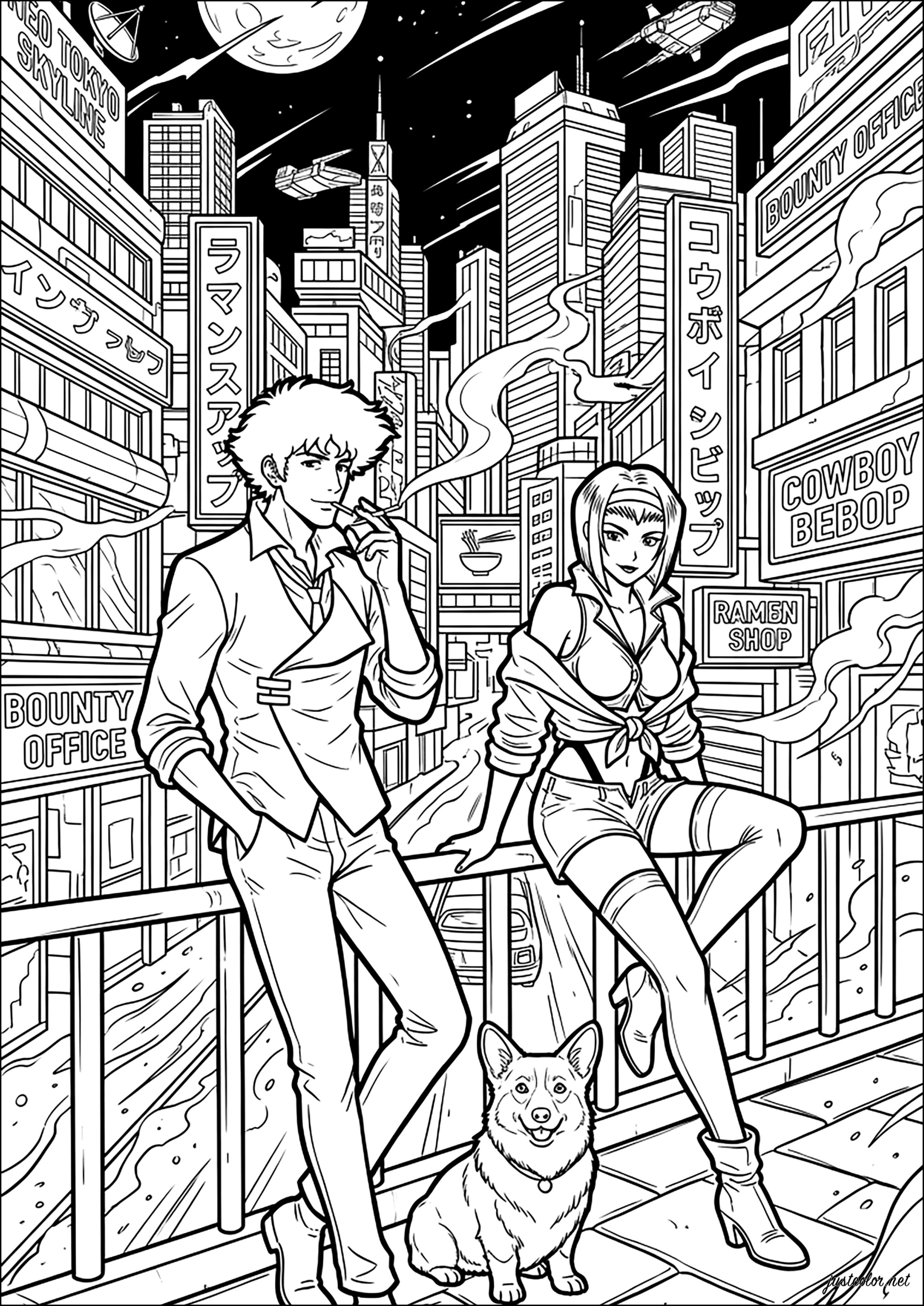 Ein Paar in einer futuristischen japanischen Stadt (Ausmalbild von Mangas zum Ausdrucken und Ausmalen für Erwachsene)