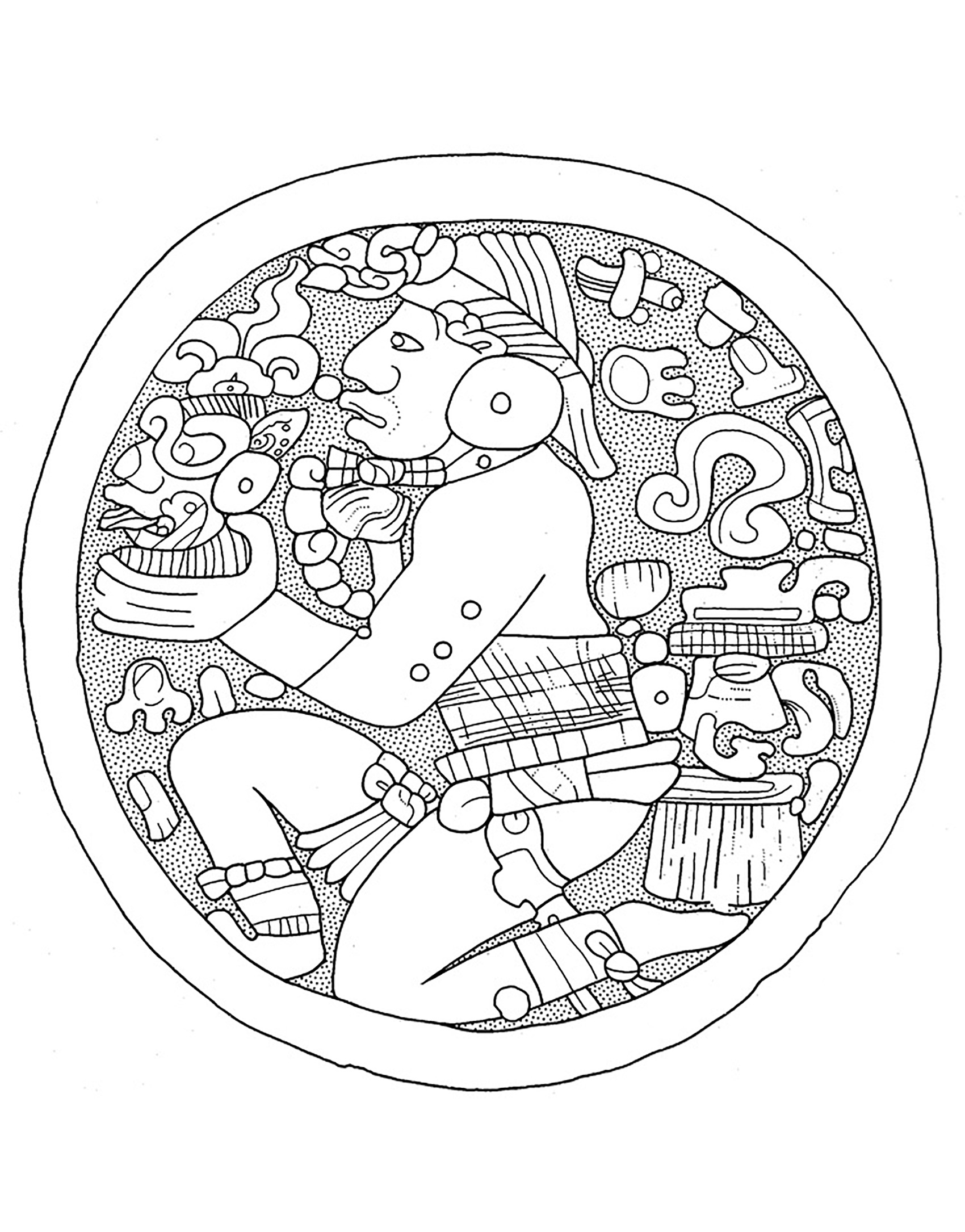 Frühklassische Tiefland-Maya-Ohrenschablone im De Young Museum. Zeichnung von N. Carter.