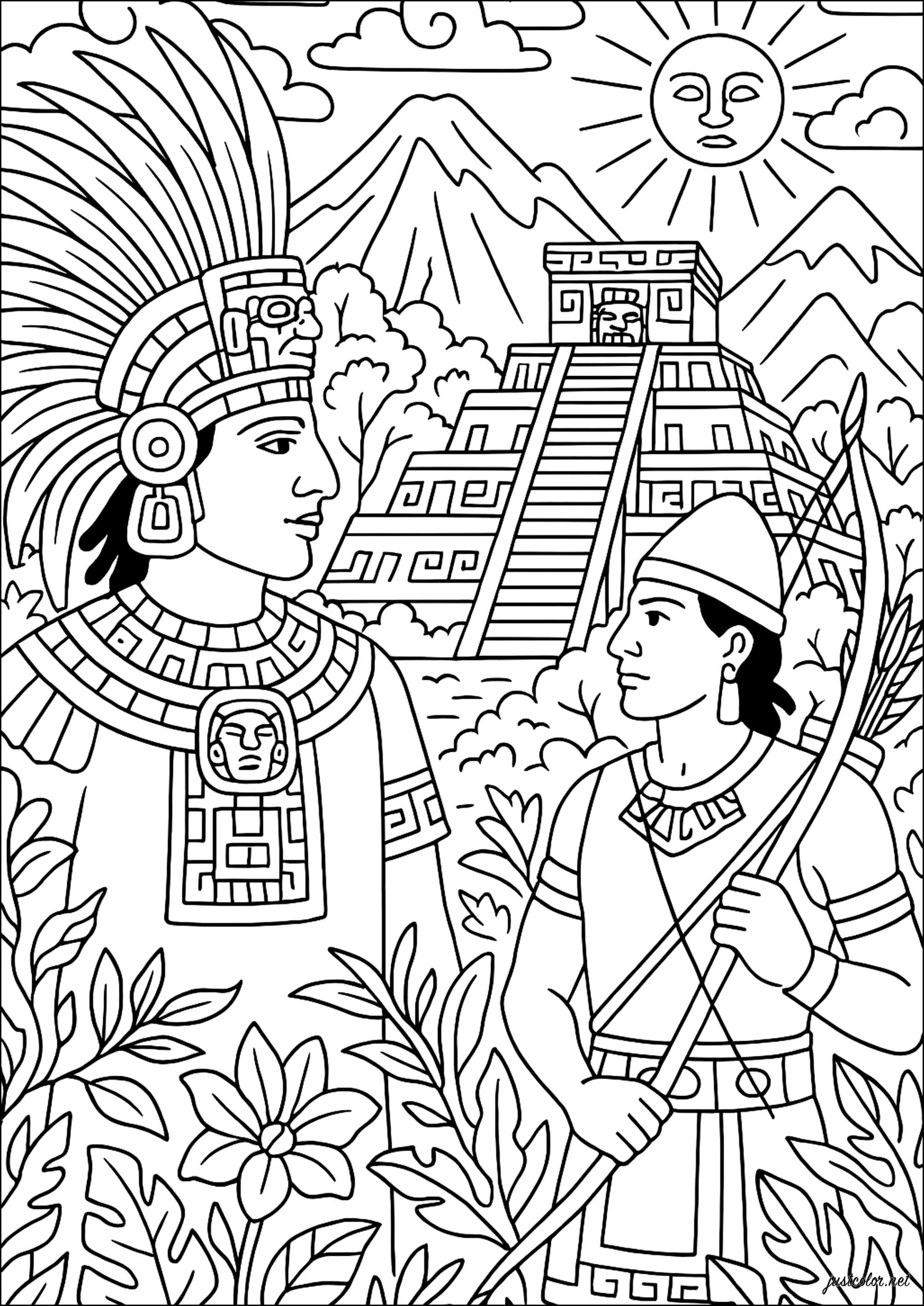 Maya-Tempel und präkolumbianische Krieger (Ausmalbild von Mayas, Azteken und Inkas zum Ausdrucken und Ausmalen für Erwachsene)