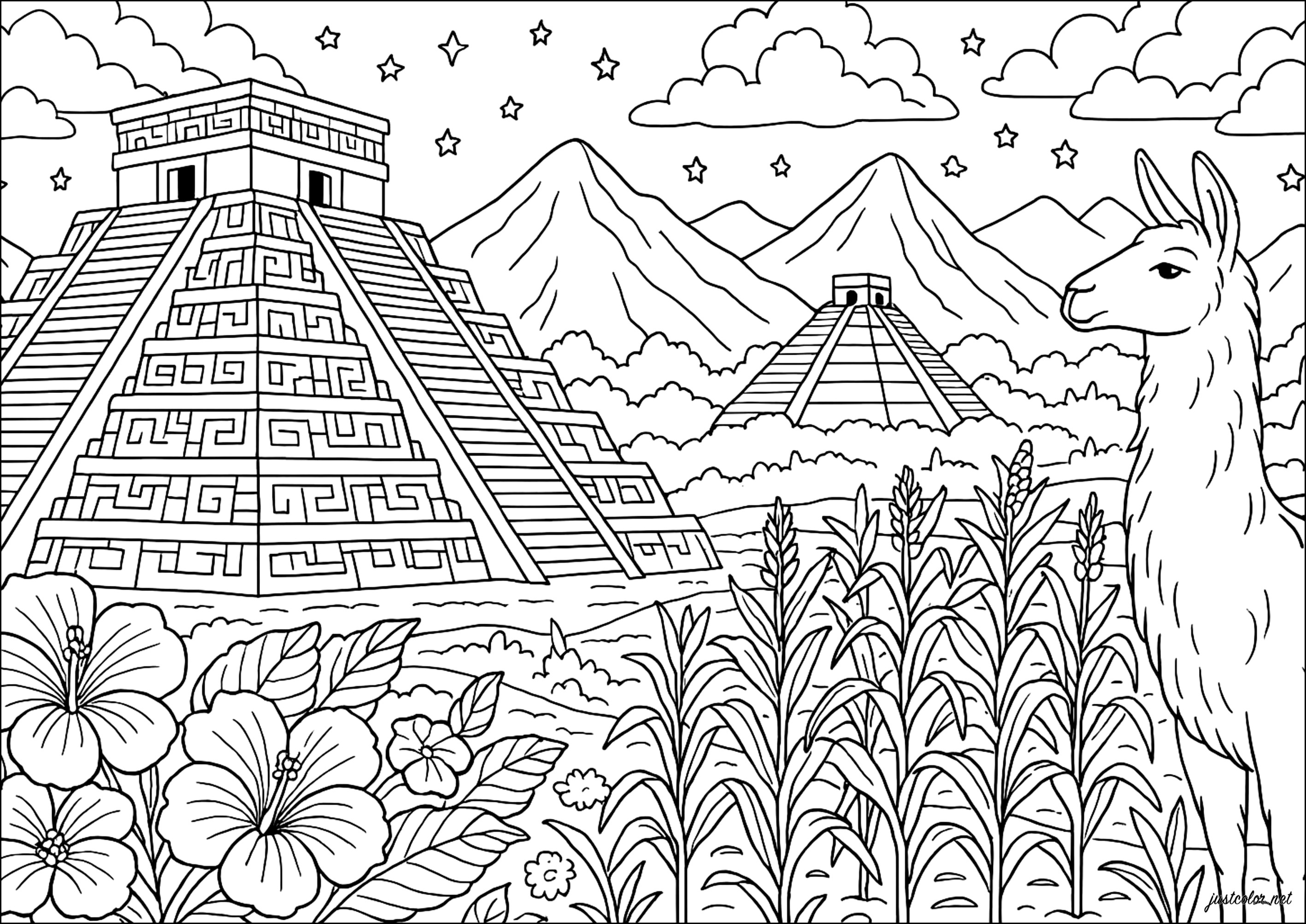 Aztekentempel und hübsches Lama (Ausmalbild von Mayas Azteken Und Inkas zum Ausdrucken und Ausmalen für Erwachsene)