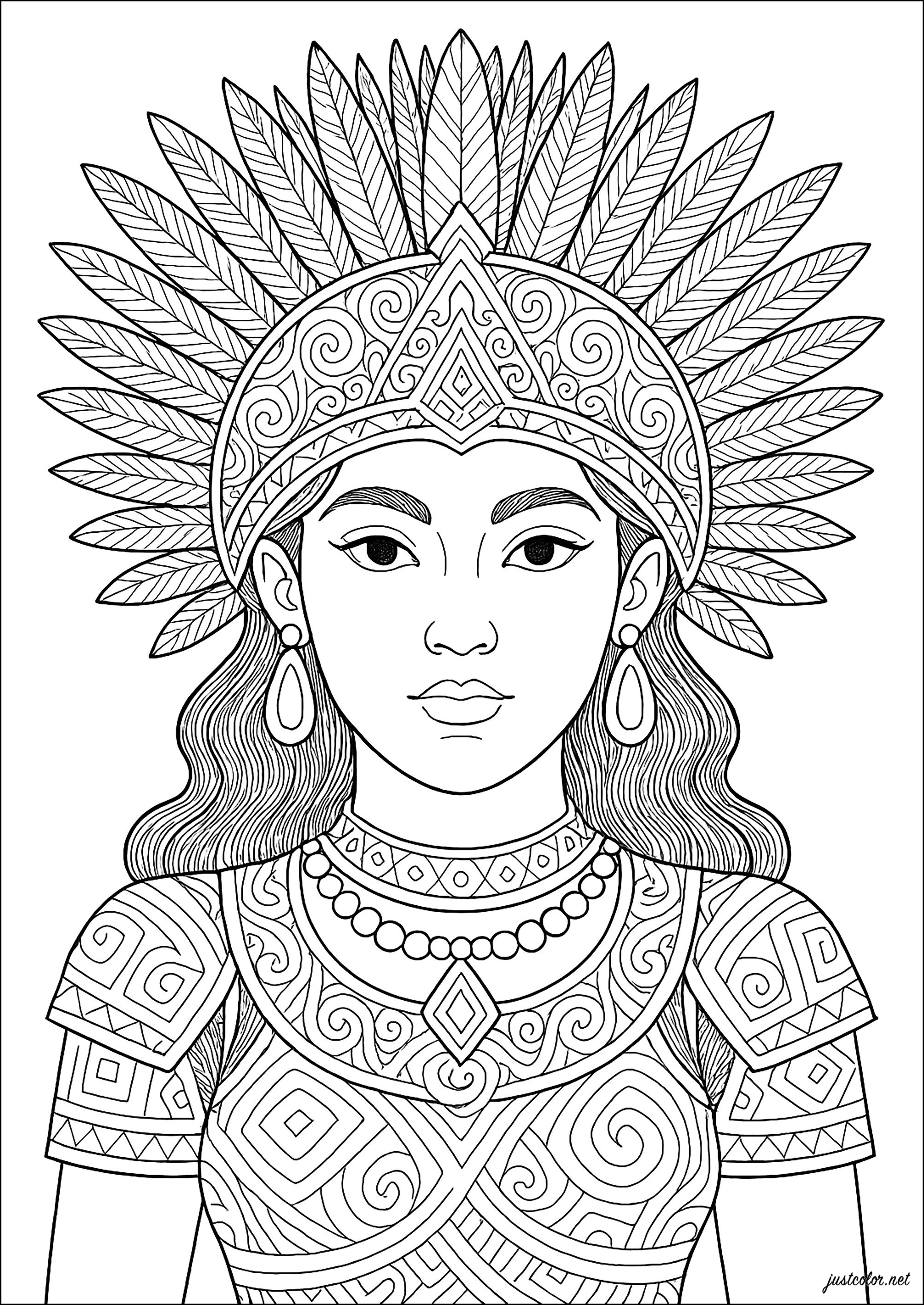 Junge Mädchen im Maya/Aztek-inspirierten Stil (Ausmalbild von Mayas, Azteken und Inkas zum Ausdrucken und Ausmalen für Erwachsene)