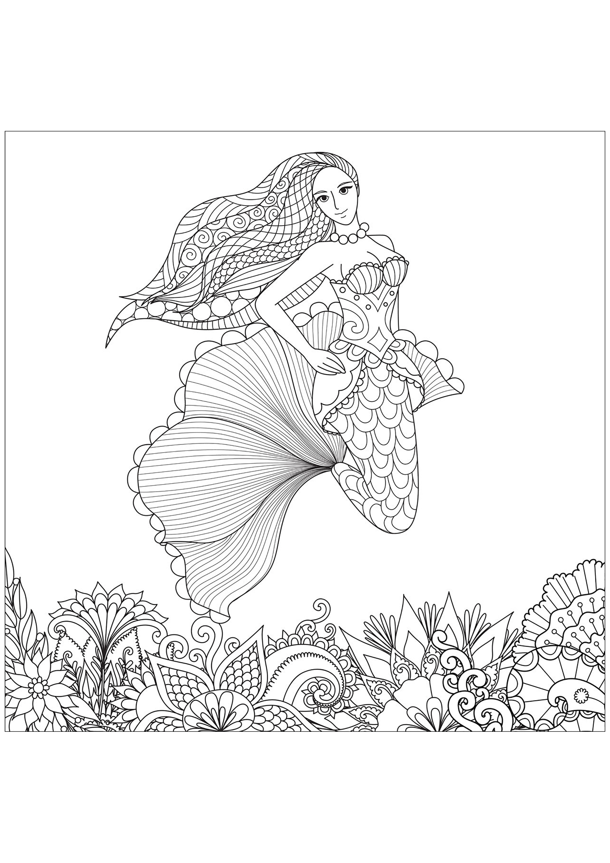 Hübsche Meerjungfrau mit schönen Mustern im Haar und mit Zentangles gezeichnetem Meeresboden, Quelle : 123rf   Künstler : Bimdeedee