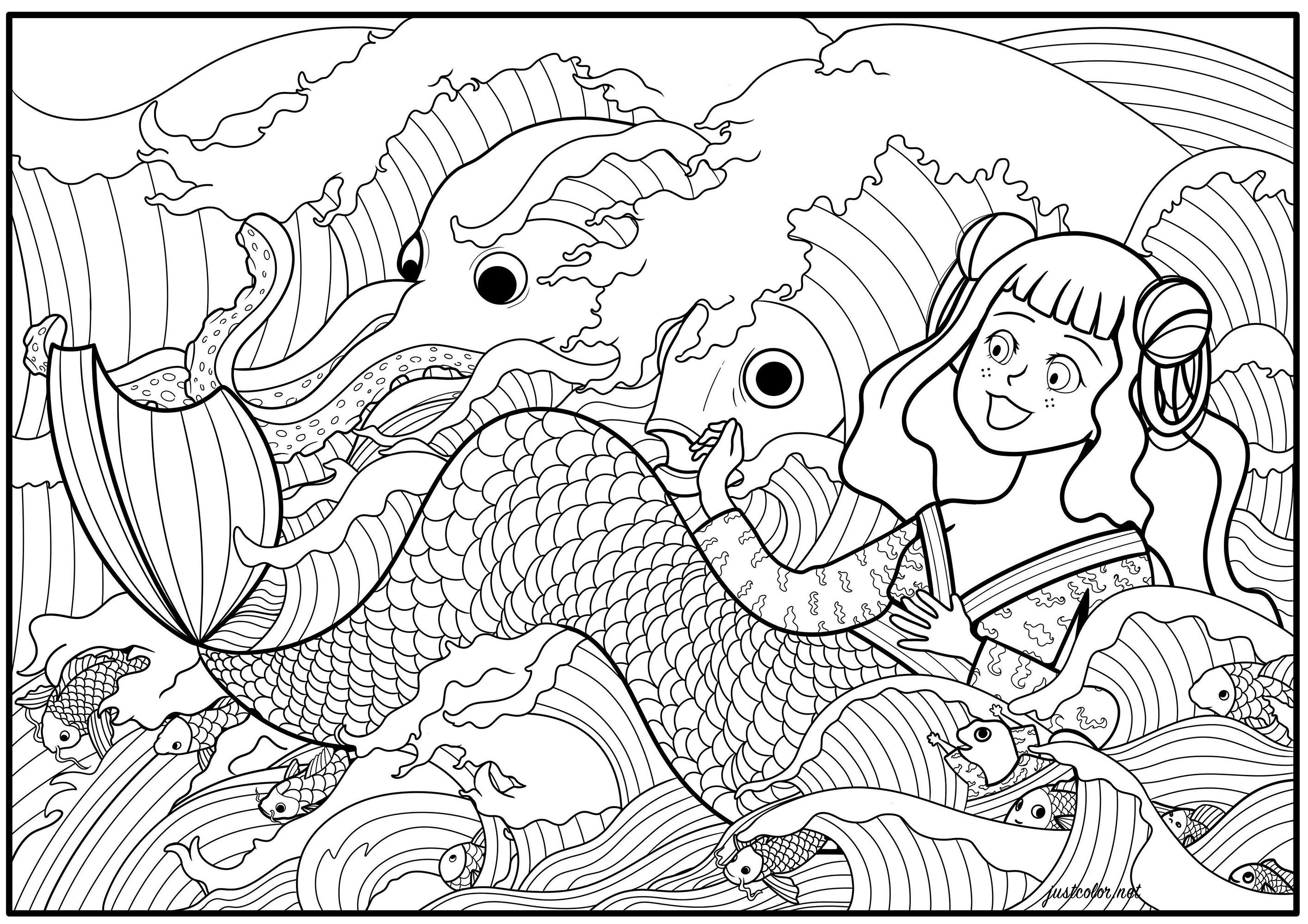 Diese Malvorlage zeigt eine Meerjungfrau, die von Wellen und verschiedenen Meerestieren umgeben ist.  Dies ist eine Neuinterpretation einer Illustration von Benjamin Lacombe.