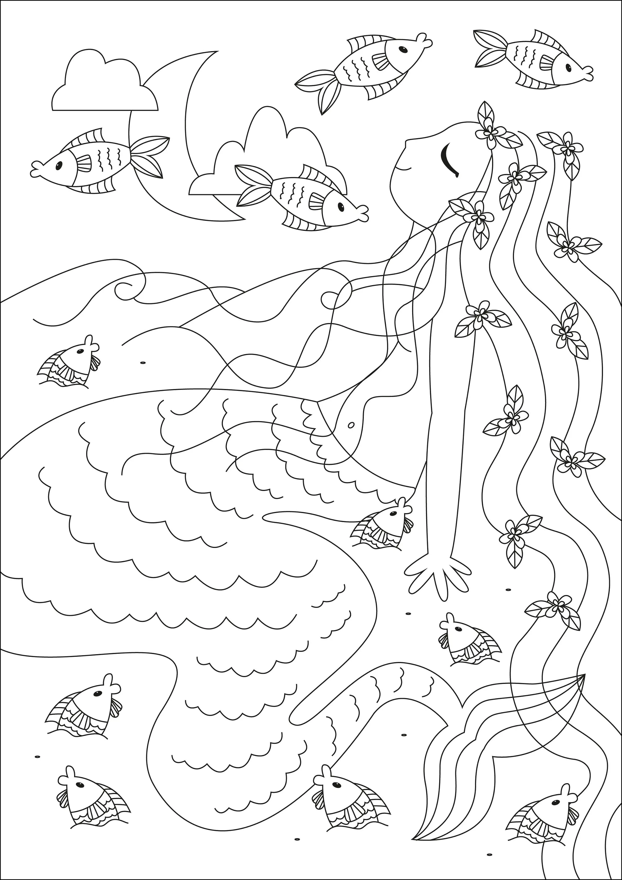 Hübsche Meerjungfrau umgeben von Fischen (Ausmalbild von Meerjungfrauen zum Ausdrucken und Ausmalen für Erwachsene)